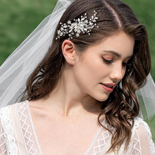 SWEETV Pearl Bridal Hair Comb - Rhinestone Flower Hairpiece for Weddings | Elegant Bride Hair Accessories for Women & Girls | Perfect for Bridal Showers, Engagements & Formal Events