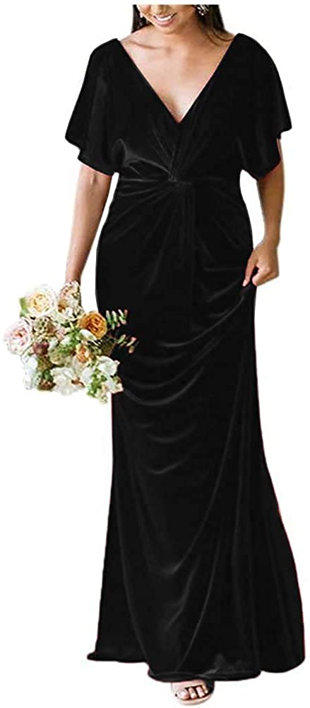 ABCDRESS Velvet Bridesmaid Dresses for Women - V Neck Short Sleeve Mermaid Evening Gown with Ruffle Details | Formal Wedding Party Dress ABC037 | Perfect for Bridal Showers, Receptions & Special Occasions