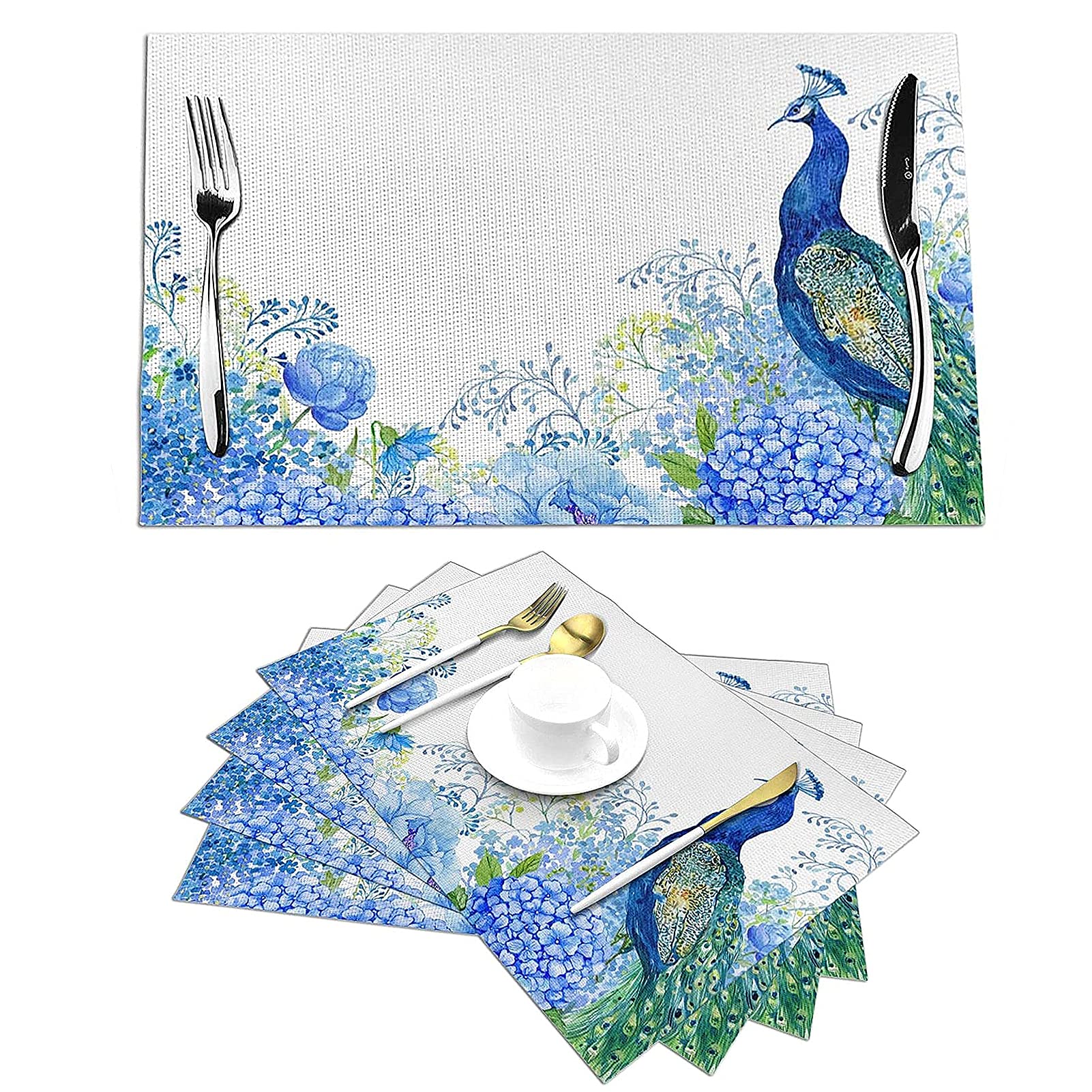 Peacock Print Placemats Set of 4 - Heatproof & Non-Slip Vinyl Table Mats for Kitchen & Dining - Washable & Durable Woven Place Settings - Perfect for Everyday Meals, Dinner Parties & Holiday Decor