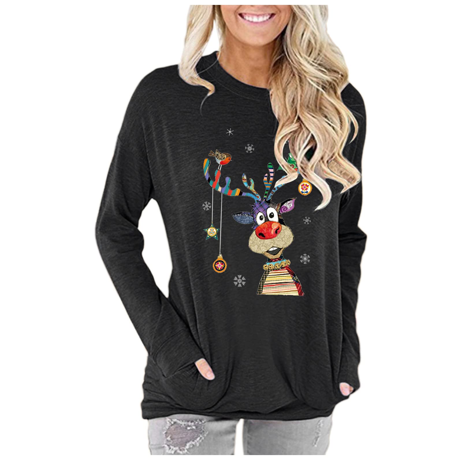 TUNUSKAT Women's Christmas Elk Printed Crewneck Sweatshirt - Cozy Long Sleeve Pullover with Pockets - Casual Holiday Blouse for Winter Outfits & Christmas Party