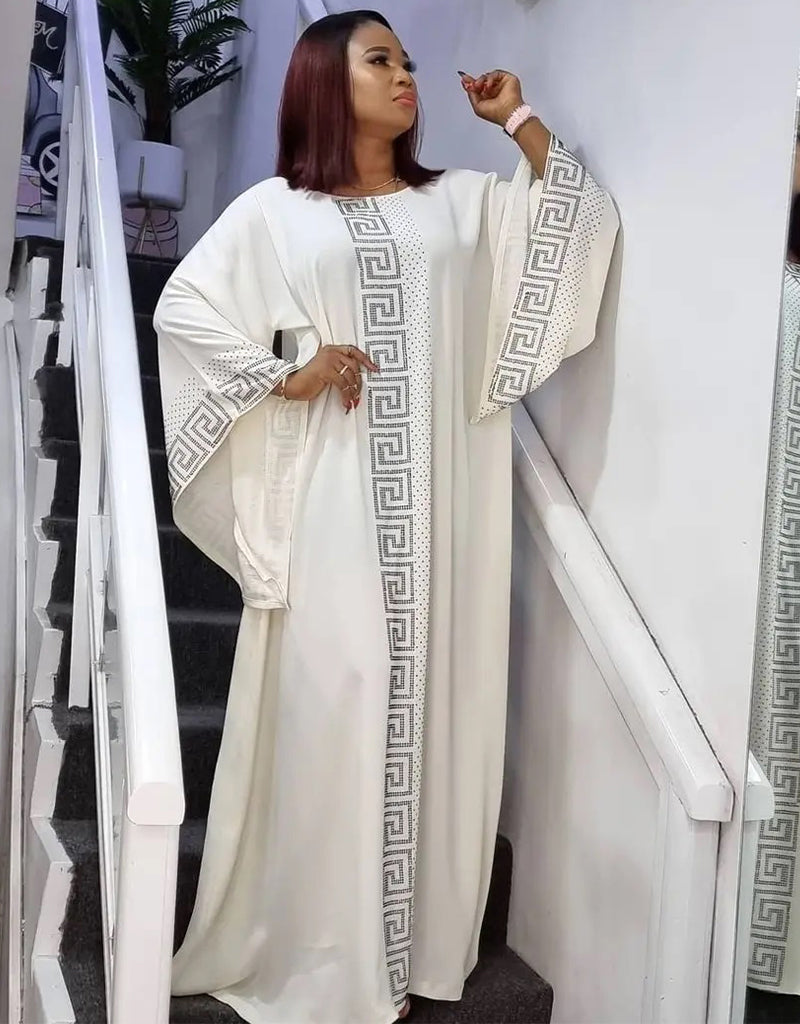 Elegant African Dashiki Inspired Silk Abaya Maxi Dress with Beading & Long Sleeves for Women - Perfect for Parties, Weddings & Special Occasions