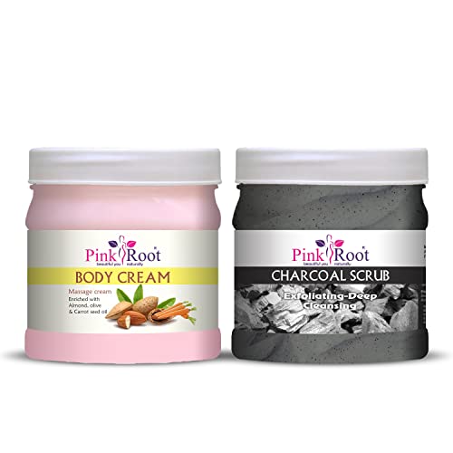 Pink Root Body Massage Cream & Charcoal Scrub Set - 500gm Each | Deep Tissue Relaxation & Exfoliation for Spa, Home Use & Self-Care Routine