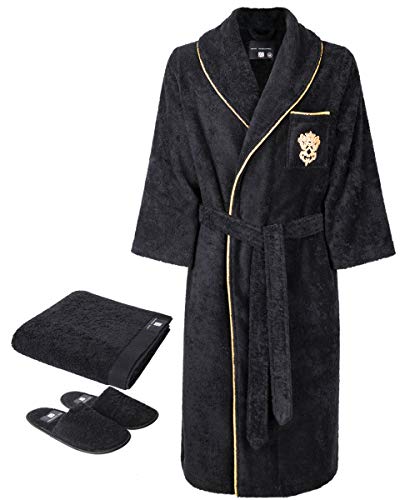 Luxury Roma Robes with Slippers & Hand Towel Set - Black & Silver Embroidered Piped Design - European Crafted Loungewear for Spa, Bridal Shower & Hotel Relaxation