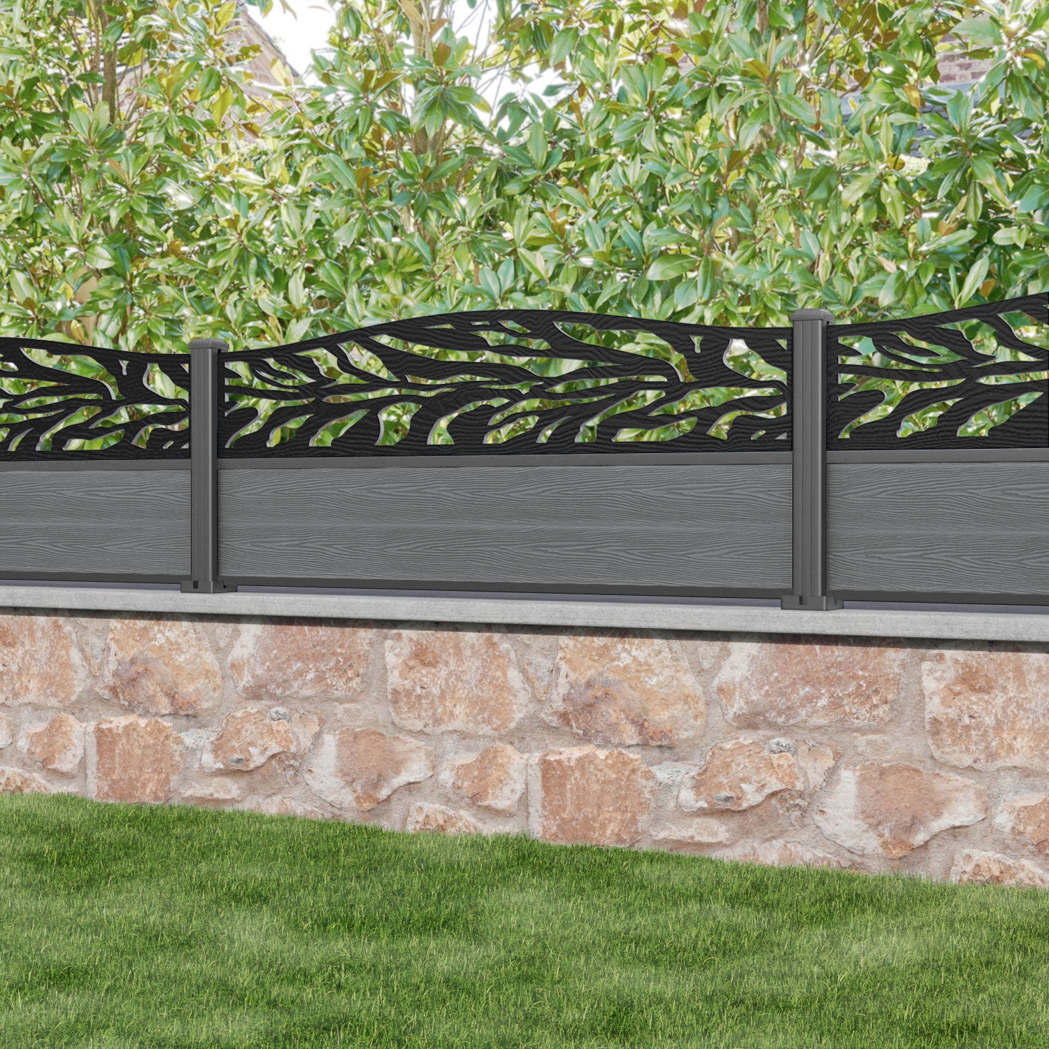 Classic Malawi Curved Top Fence Panel - Mid Grey with Aluminum Posts | Durable Garden Fencing for Backyard Privacy & Decoration