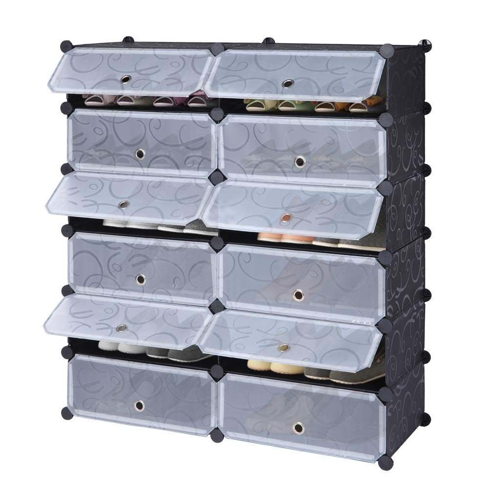 JYOSTORE 12-Cube Portable Shoe Rack Organizer - DIY Plastic Modular Closet Storage Cabinet with Doors & Shelves for Shoes, Heels, Boots & Slippers | Expandable Shoe Shelf for Bedroom, Closet & Entryway Organization