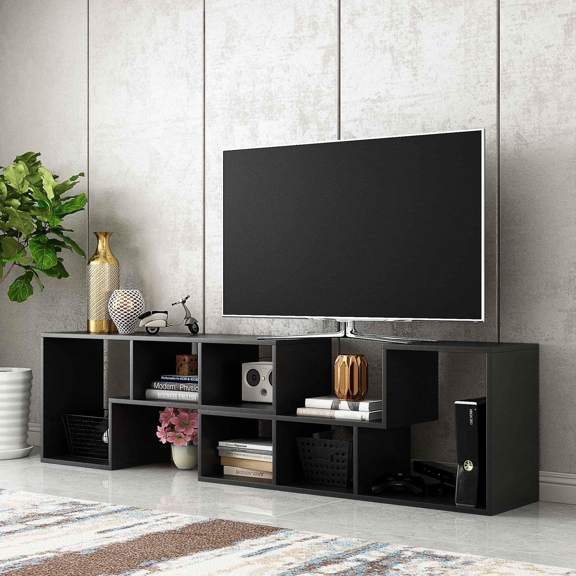 JOYSOURCE 2-Piece Modern TV Stand for 55-65 Inch TVs - Black Entertainment Center with 2 Shelves, Sturdy TV Console for Living Room, Gaming & Movie Nights - Perfect for Home Theater Setup & Living Room Decor