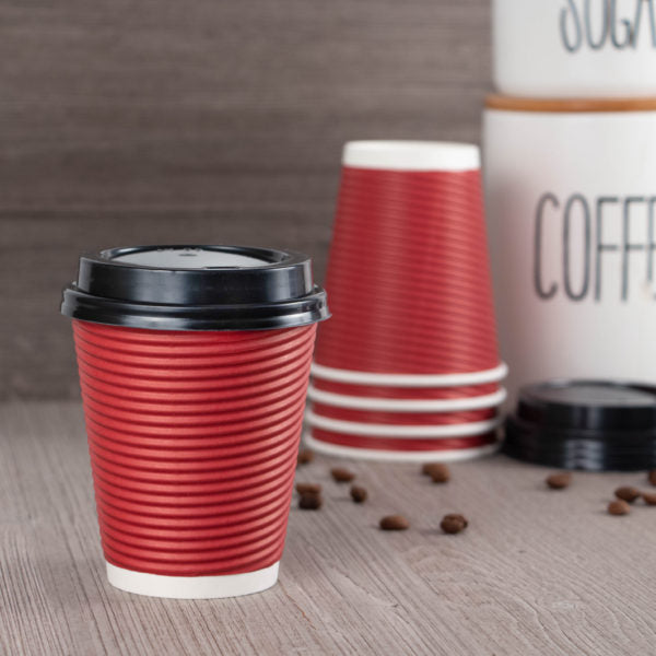 Insulated Ripple Red Paper Coffee Cups with Lids - 12oz Hot/Cold Drink Containers for Coffee Shops, Office, Parties & Outdoor Events