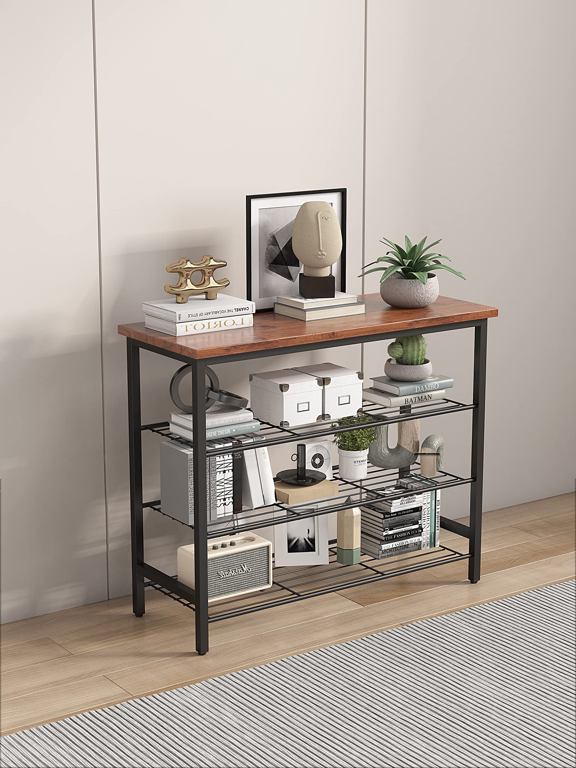 4-Tier Metal Rack Console Table - Modern Industrial Style Multifunctional Storage Shelf for Shoes, Books & Cutlery with MDF Top Board | Perfect for Entryway, Living Room & Kitchen Organization (4-Tier)