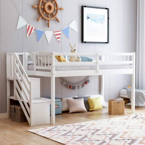Twin Size Wooden Loft Bed with Stairs, Storage Shelves, Ladder & Safety Guardrails - Space Saving Kids Bedroom Furniture for Small Rooms (White) - Perfect for Dorms, Apartments & Shared Kids' Rooms