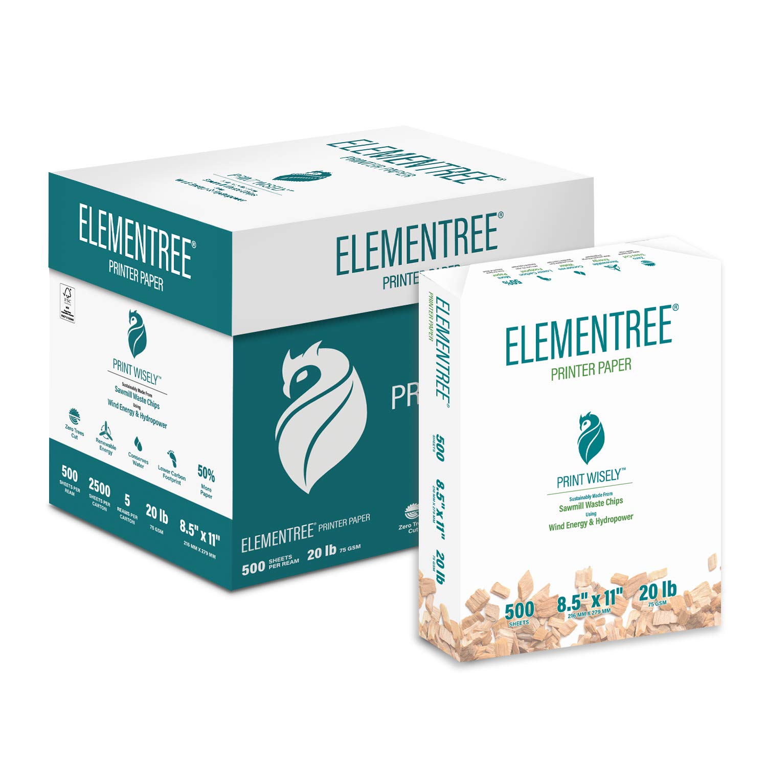 Elementree Sustainable Printer Paper - 8.5 x 11 White, 5 Reams (2500 Sheets) of 20lb Eco-Friendly Paper for Office & Home Printing | Made in USA (00918C) | Perfect for Documents, Reports & Everyday Printing Needs