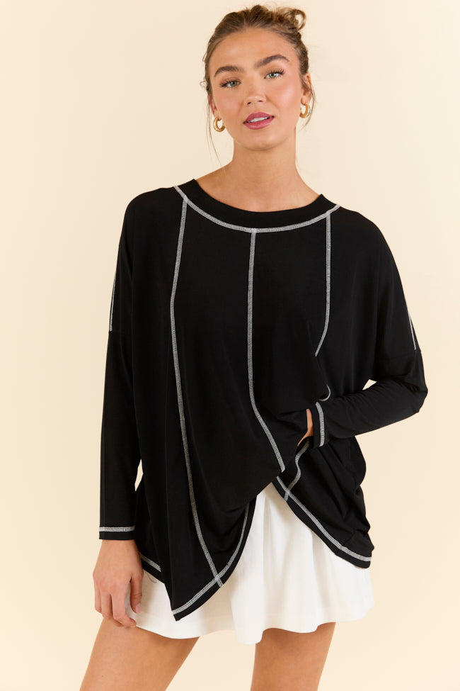 Play On Black Long Sleeve Split Back Top - Women's Fashion T-Shirt for Casual Wear, Night Out & Street Style