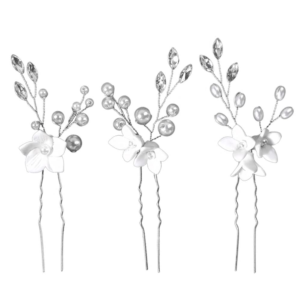 3pcs Silver U-Shaped Diamond Bridal Hair Pins with Crystal Flowers & Pearls - Wedding Hair Accessories for Bride & Bridesmaids - Perfect for Bridal Shower, Ceremony & Reception (Silver)