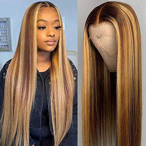 Brown Ombre Straight 13x6 Lace Front Human Hair Wig - 100% Real Human Hair Highlight Wig with Natural Look | Perfect for Cosplay, Daily Wear & Special Occasions