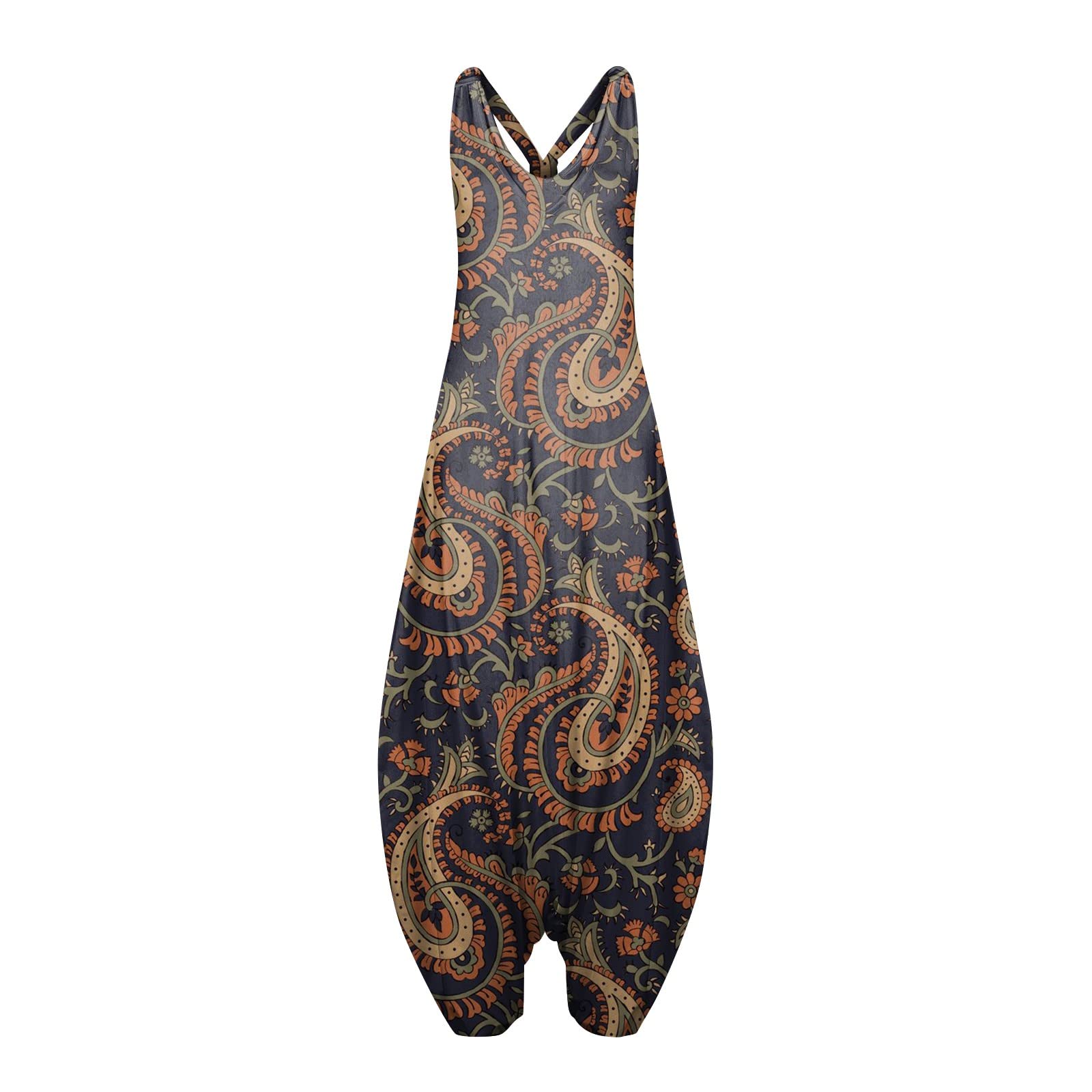 Women's V-Neck Sleeveless Racerback Floral Harem Jumpsuit - Fitted Dungarees Dress with Suspenders, Casual Workout Coveralls, Perfect for Summer Outings, Beach Vacations, and Casual Wear