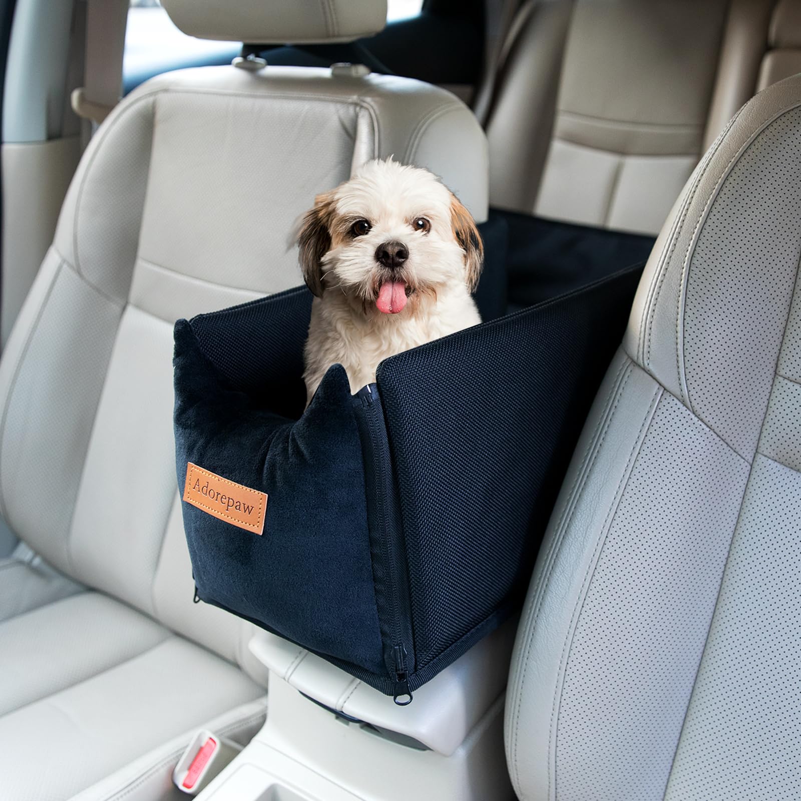 Waterproof Center Console Dog Car Seat for Small Dogs - Non-Slip Bottom with Safety Seat Belt & Back Seat Extender | Perfect for Road Trips, Daily Commutes & Pet Travel Accessories (Black)