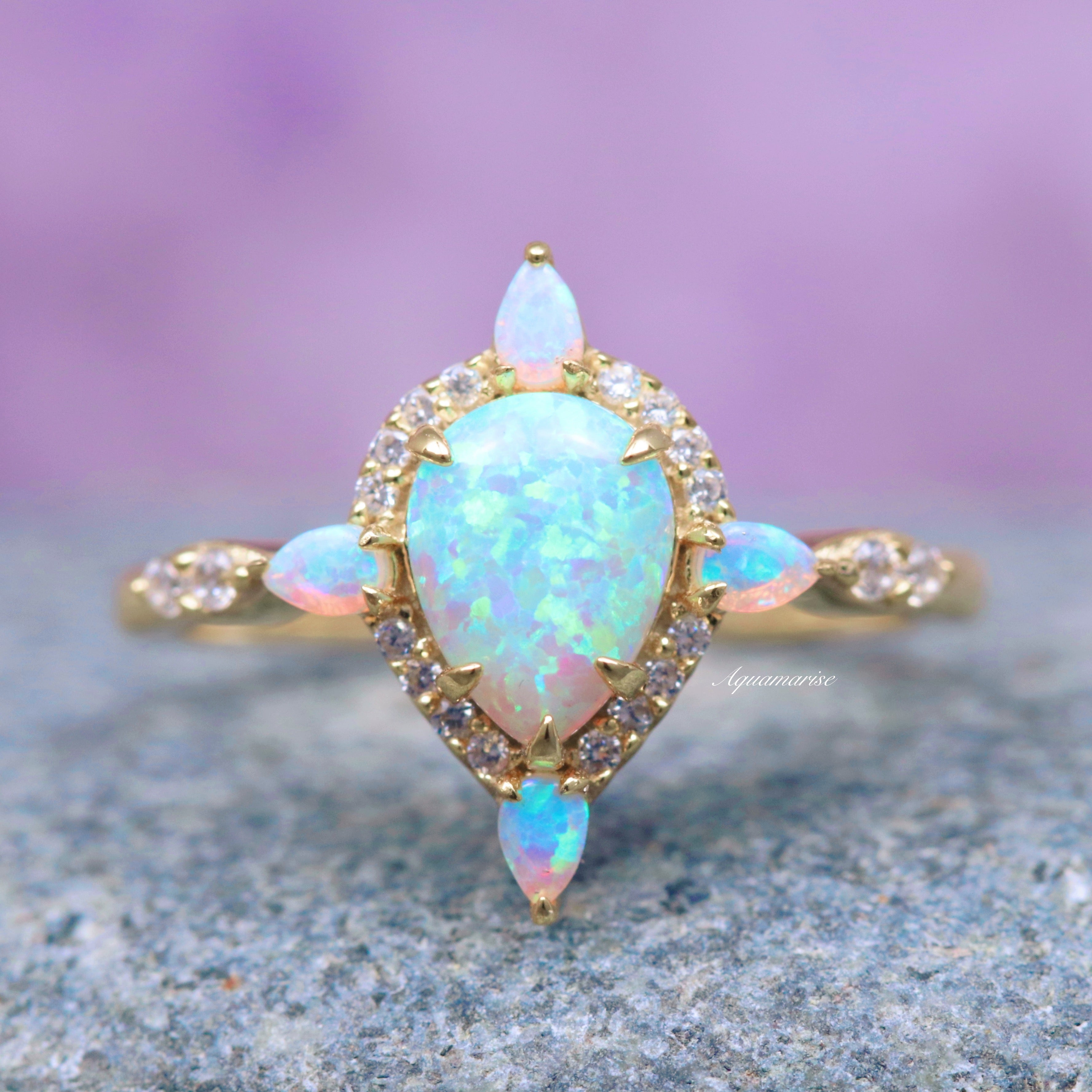 Blue Fire Opal Engagement Ring - 14K Yellow Gold Vermeil for Women | Elegant Wedding, Anniversary & Promise Ring | Perfect for Proposals & Special Occasions