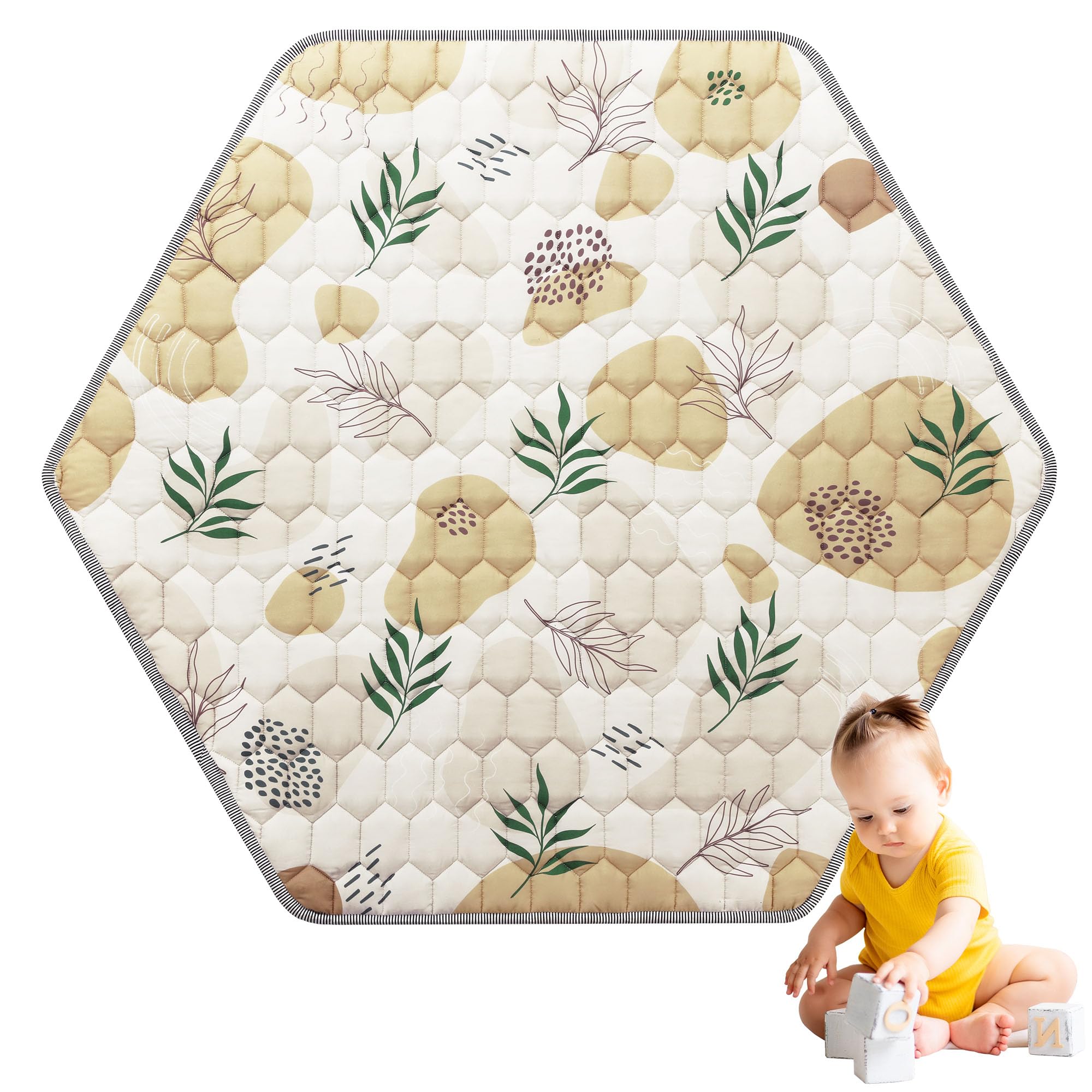 HOMBYS Hexagon Playpen Mat - 52x45 Inch Thickened Soft Baby Play Mat for Portable Play Yard & Playpen | Non-Slip Washable Toddler Crawling Mat (Leaf Pattern) - Perfect for Nursery, Daycare & Indoor Play Areas