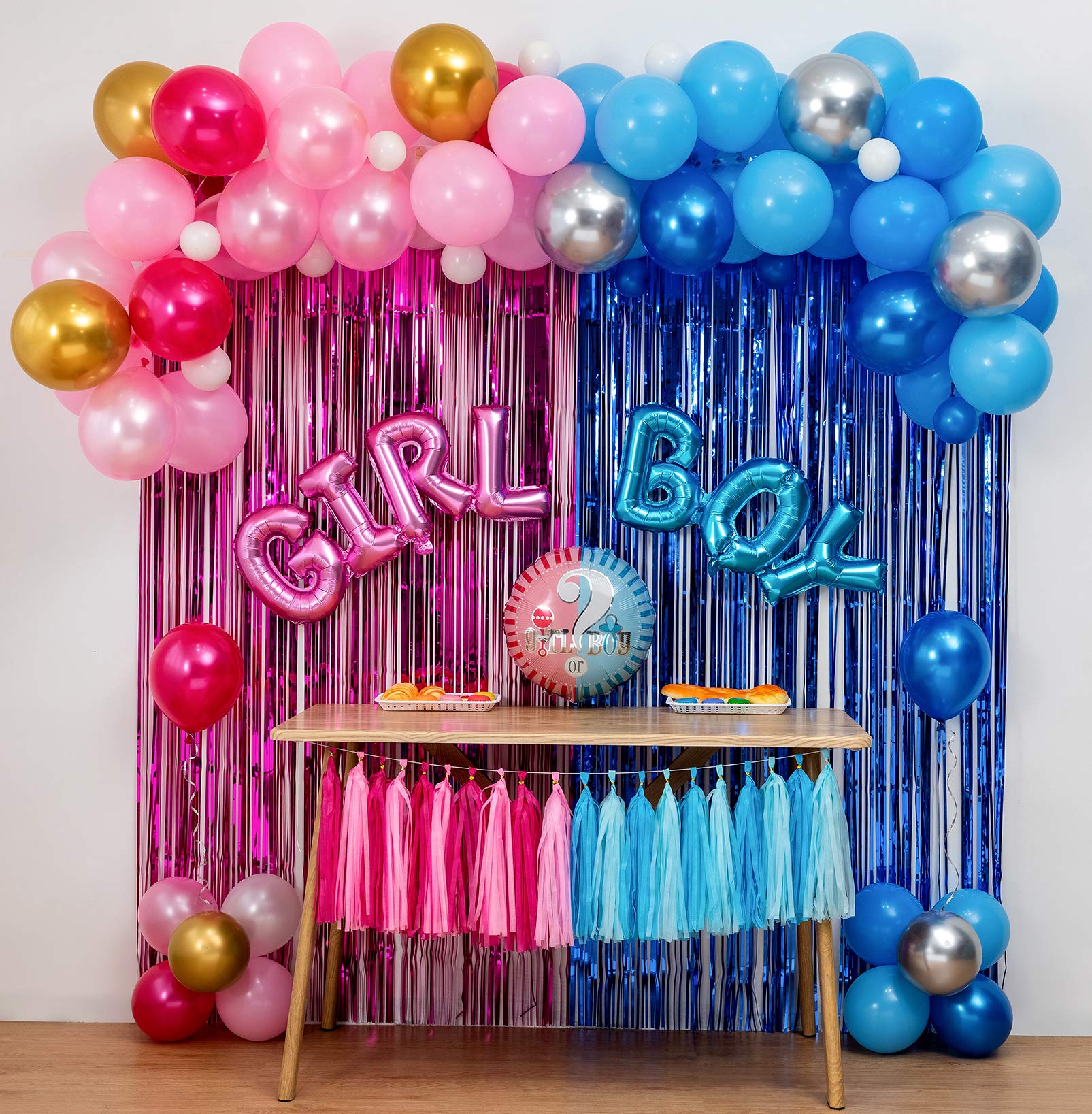 Gender Reveal Party Decorations Set - Pink & Blue Balloon Arch Garland Kit with Foil Balloons, Tassel Curtains & Backdrop Tools for Baby Shower, Birthday Celebrations & Photo Booth Decor