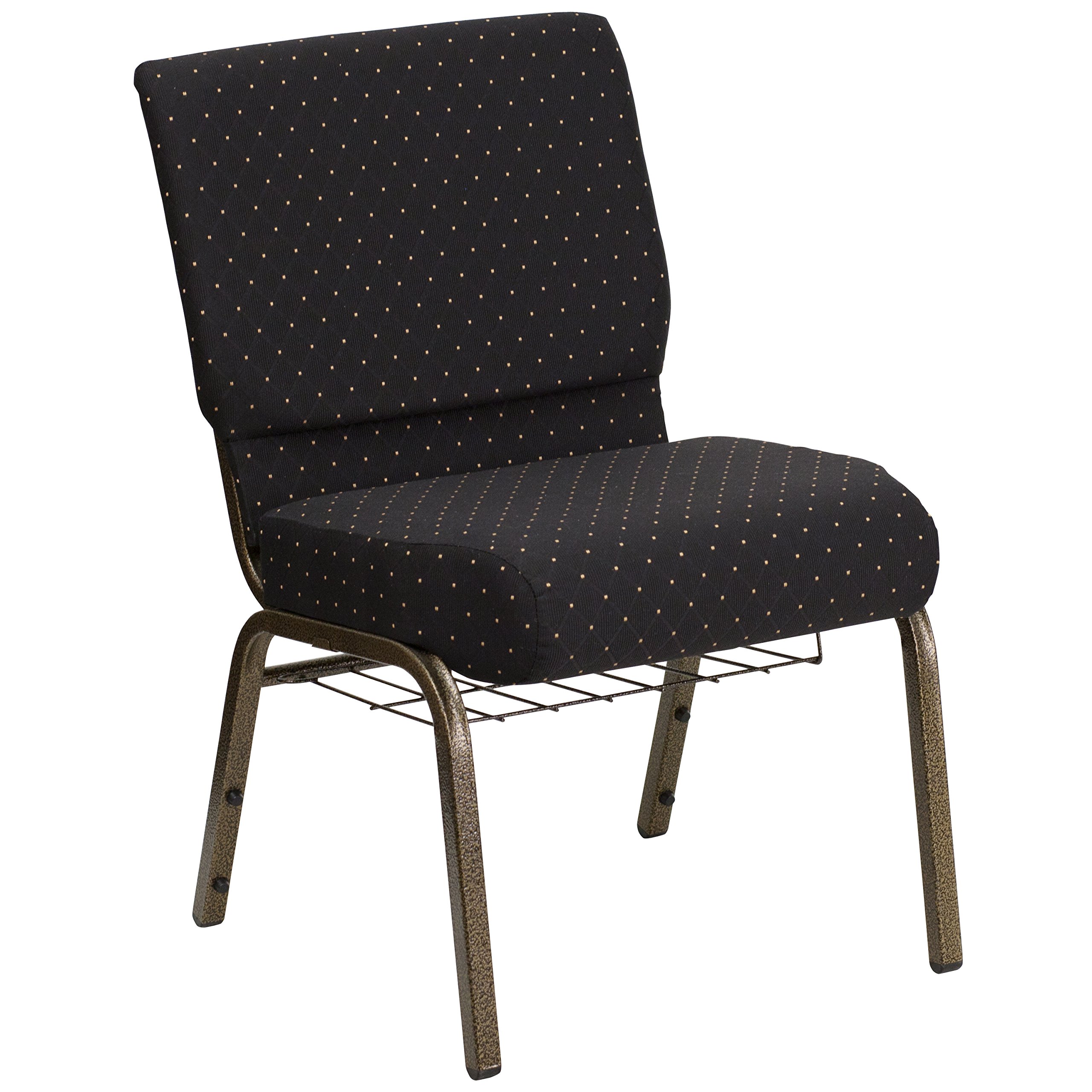 21''W TOUGH ENOUGH Series Church Chairs - Black Dot Pattern Fabric with Cup Holder & Book Rack - Gold Vein Metal Frame - Perfect for Churches, Auditoriums & Event Venues