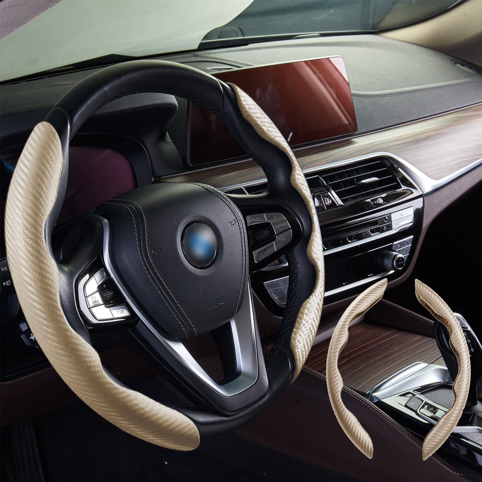 Premium Carbon Fiber Steering Wheel Cover - Universal Fit for 99% Cars, Non-Slip & Safe Driving Accessory for Men & Women (Beige) - Perfect for Daily Commute & Road Trips