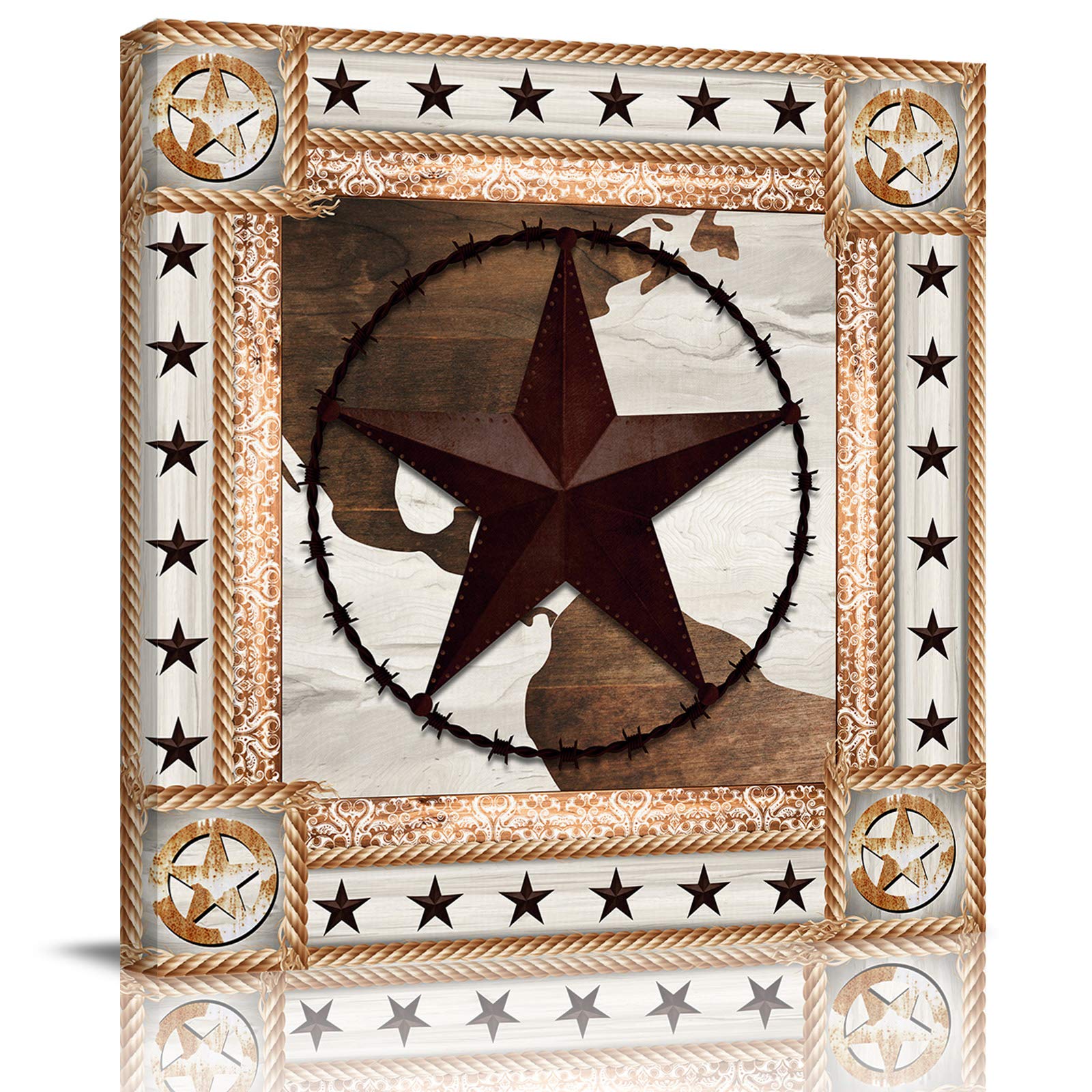 Western Texas Star Farm Oil Painting Canvas Print - Rustic Wood Frame Wall Art for Home & Office Decor - Ready to Hang 24x24 Inch - Perfect for Living Room, Bedroom or Cowboy-Themed Spaces