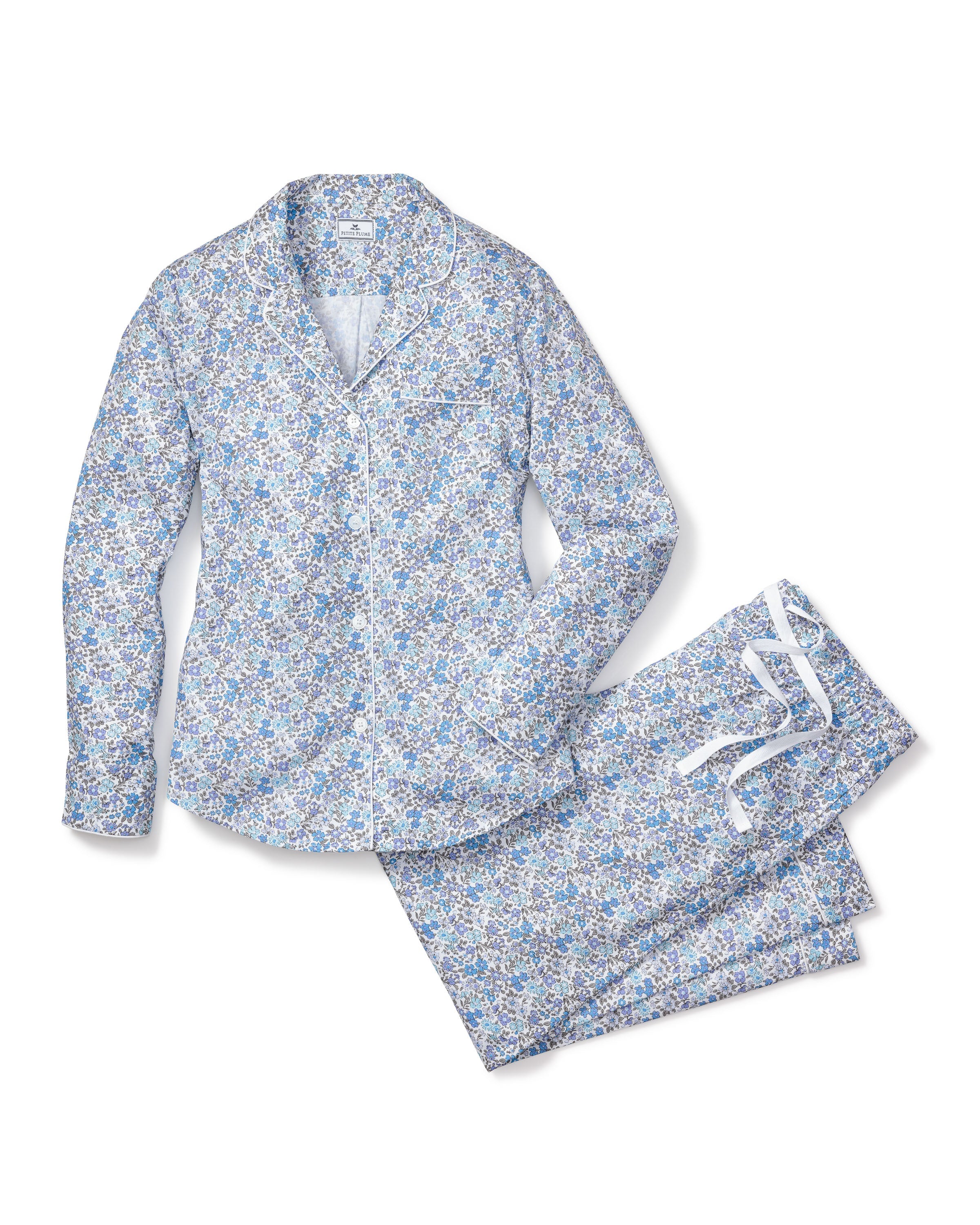 Women's Soft Twill Pajama Set - Fleur D'Azur Floral Print Sleepwear | Cozy & Breathable for Nighttime Comfort, Lounging & Relaxation at Home