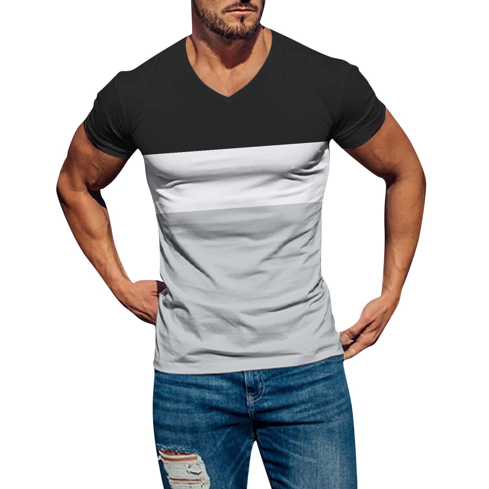 JUNGE Men's Striped Printed Slim Fit V-Neck T-Shirts - Breathable Summer Casual Short Sleeve Tee for Workout & Daily Wear