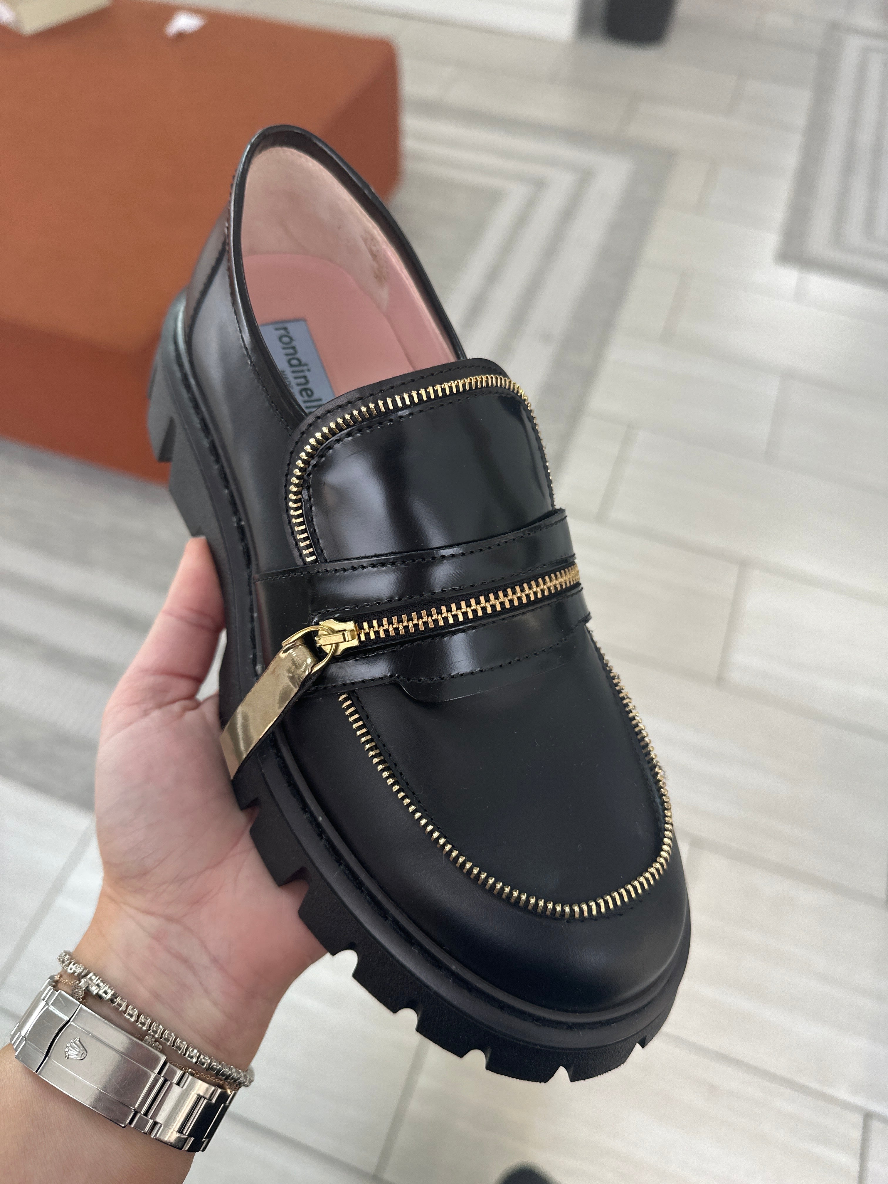 Black and Gold Chunky Loafers with Zipper Detail - Stylish Women's Slip-On Shoes for Work, Office & Casual Outfits