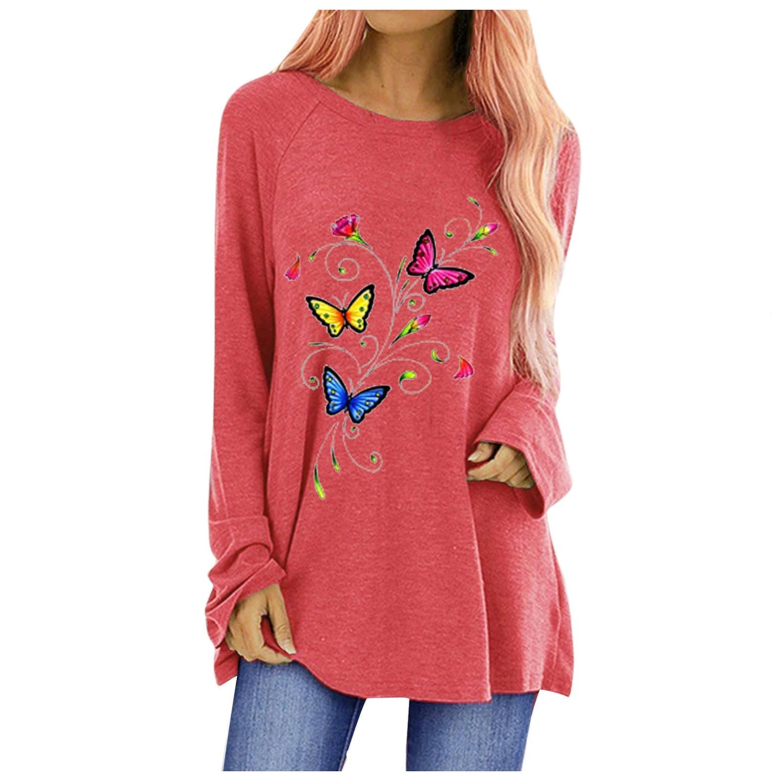 Women's Long Sleeve Shirts - Autumn Casual Butterfly & Sunflower Printed Round Neck Tops - Perfect for Fall Outfits, Office Wear & Weekend Casual Style