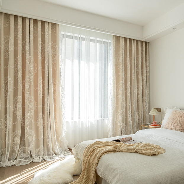 Everleigh Two Layer Lace Botanical Blackout Thermal Custom Curtains for Bedroom & Living Room - Elegant Window Treatment for Privacy & Light Control