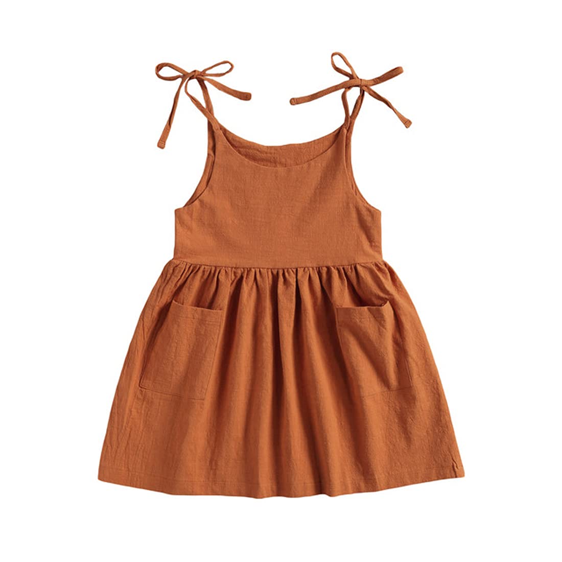 TIMOGG Toddler Baby Girl Cotton Linen Dress - Sling Bow Summer Skirt with Pockets | Casual Beach Sundress & Playtime Overall Dress for Girls | Perfect for Outdoor Play, Vacation & Photo Shoots