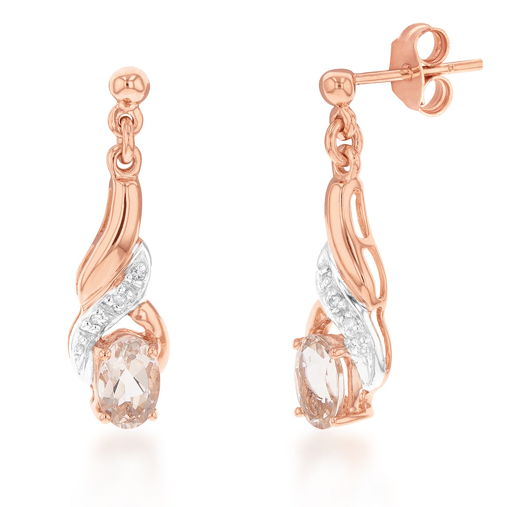 9ct Rose Gold Morganite and Diamond Oval Drop Earrings for Women – Elegant Dangle Earrings for Wedding, Party & Special Occasions