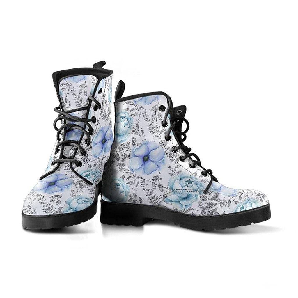 Winter Flowers Memory Foam Boots for Women - Comfortable All Season Lace Up Boots - Vegan Leather Combat Boots for Outdoor Walking & Fashion Streetwear
