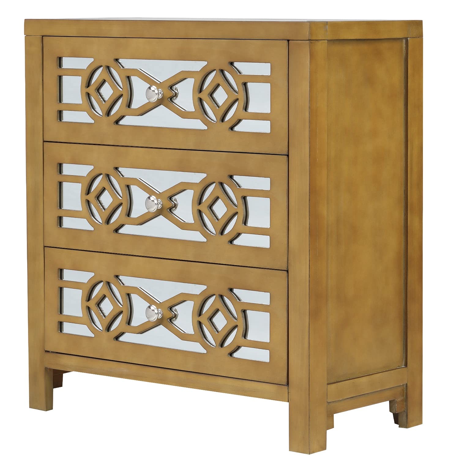 **TREXM 3-Drawer Wooden Storage Cabinet with Decorative Mirror - Natural Wood & Gold Finish | Perfect for Bedroom, Living Room, or Entryway Organization**