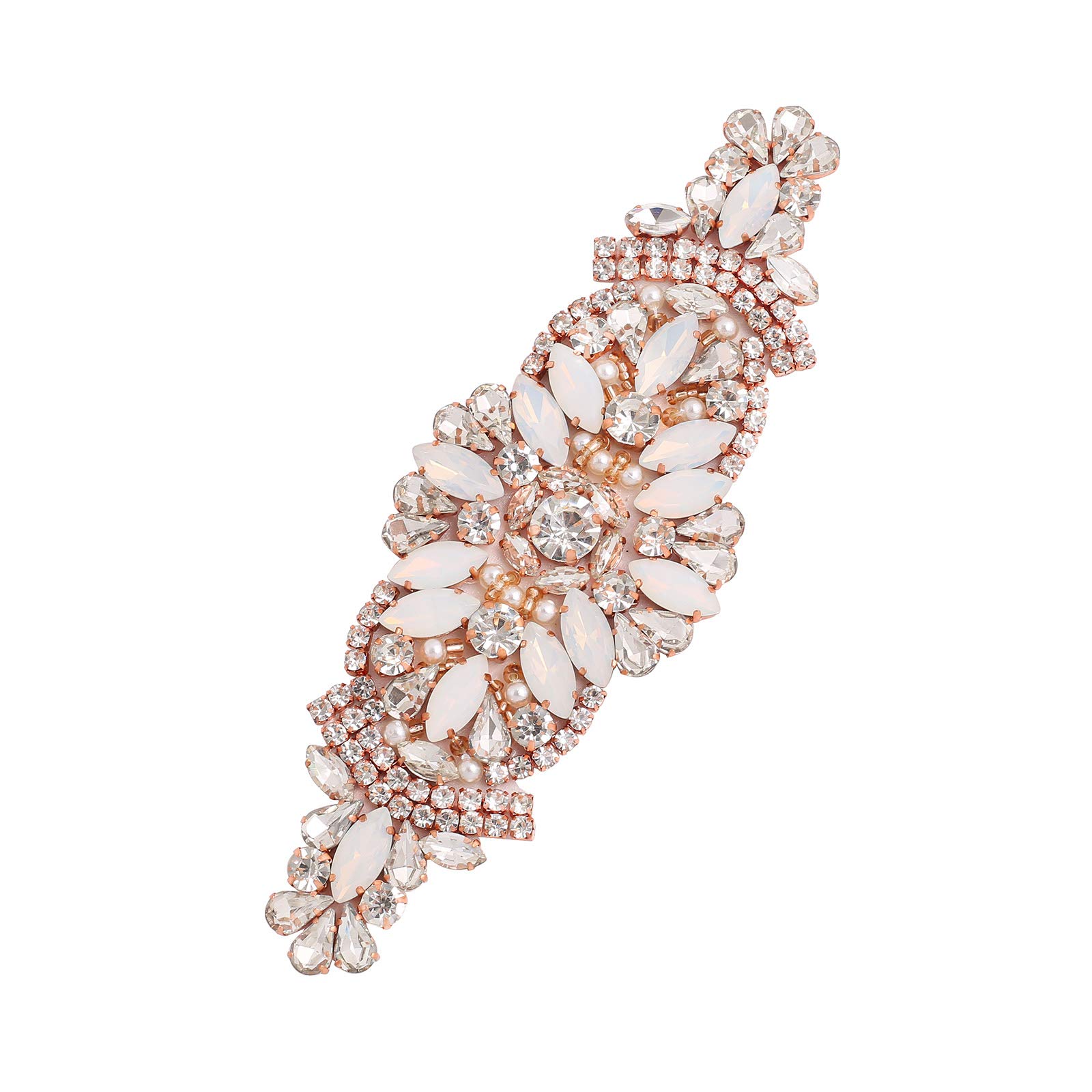 Rose Gold Crystal Rhinestone Applique Patch with Beaded Pearls Embellishments - DIY Sewing Patches for Dresses, Headpieces, Garters, Shoes - Perfect for Wedding, Prom, Costume Design (1 Piece)