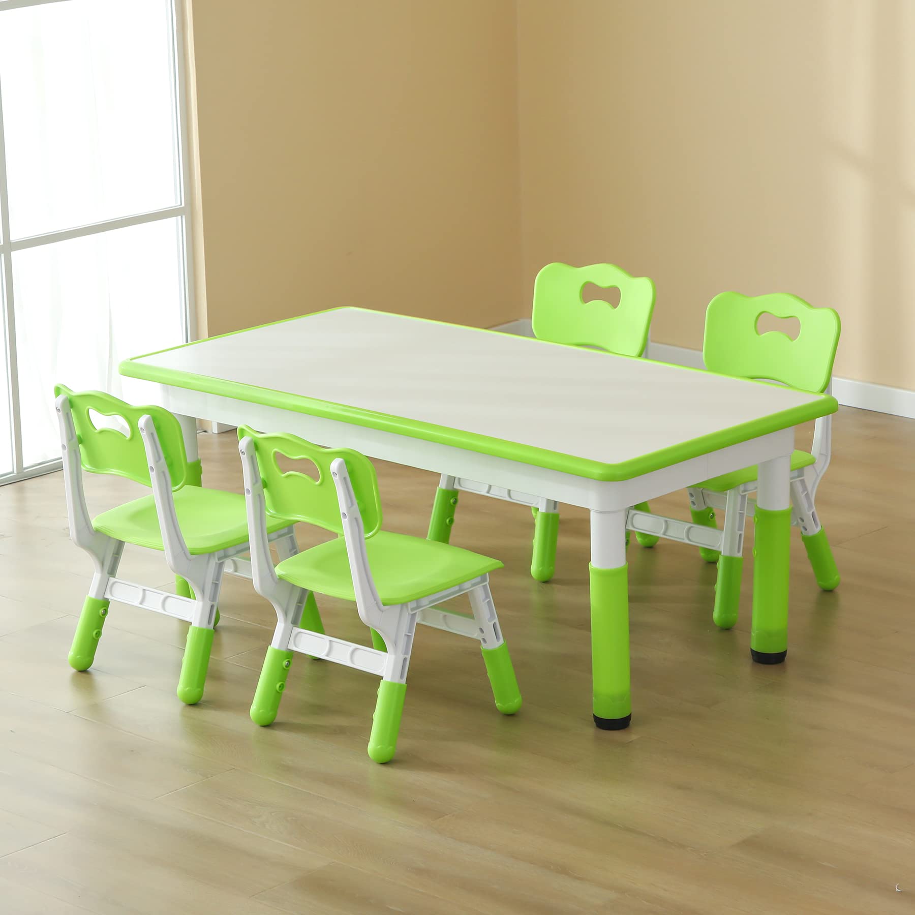 CuFun Kids Table and 4 Chairs Set - Adjustable Height Study & Dining Table for Toddlers Ages 2-10, Green - Perfect for Homeschooling, Playtime & Daycare Activities
