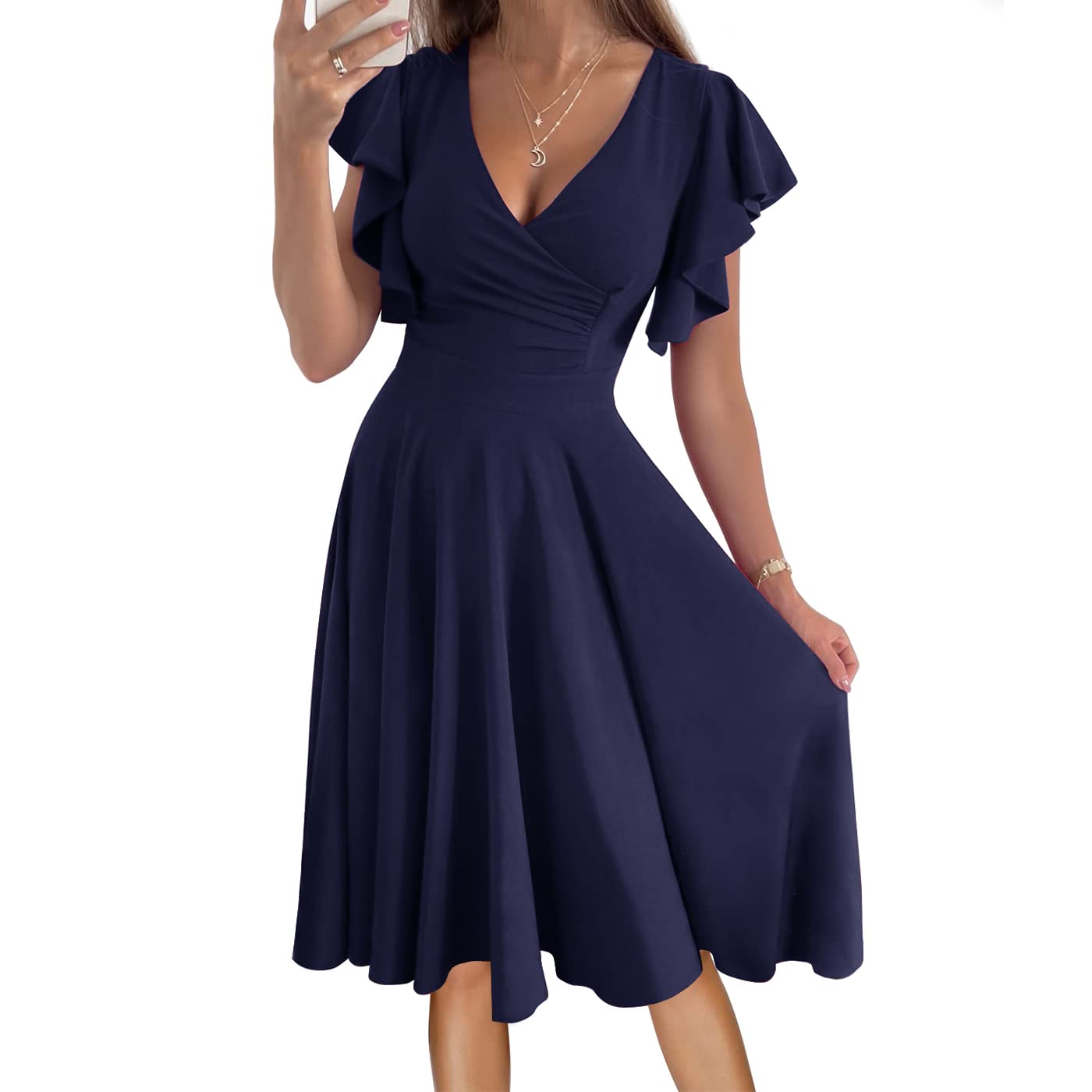 Elegant Women's Cocktail Dress Wrap V-Neck Ruffle Short Sleeve A-Line Midi Dress with Pockets for Wedding Guest, Work, Party & Formal Occasions