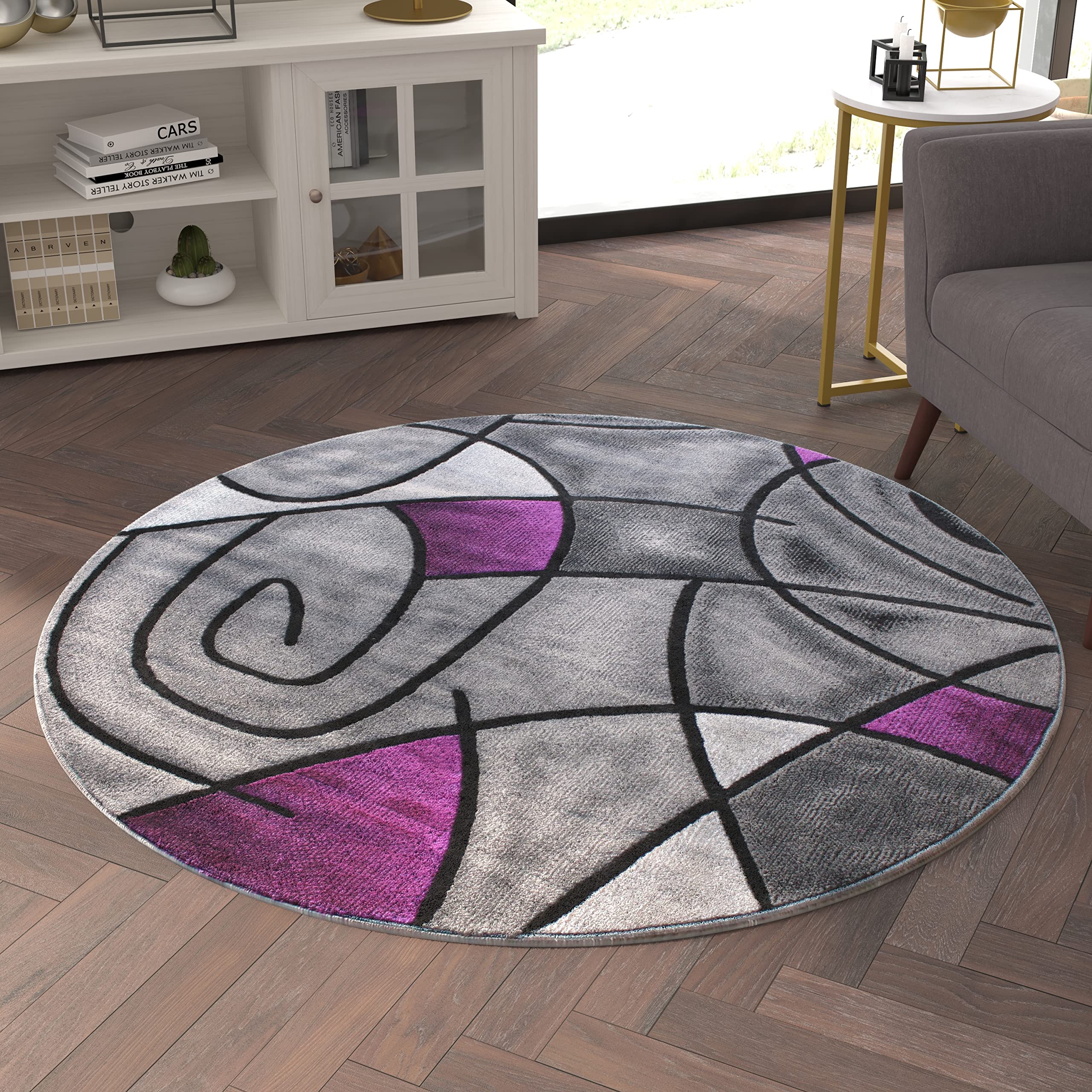 EMMA + OLIVER 5x5 Round Plush Olefin Accent Rug - Abstract Geometric Pattern with Gradient Gray & Purple Shades - Stain & Moisture Resistant - Perfect for Living Room, Bedroom or Office Decor