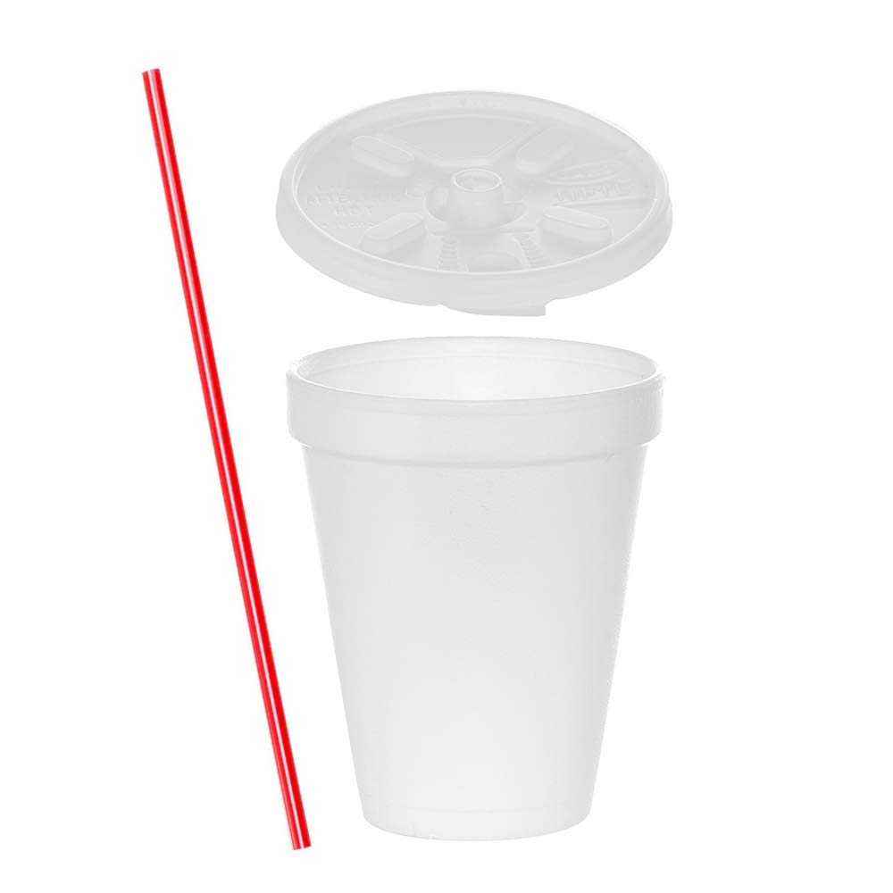 (500 Sets) 12 oz White Foam Cups with Lift'n'Lock Lids & Stirrers - Disposable Insulated Coffee Cups for Hot/Cold Beverages - Perfect for Office, Cafes, Parties & Takeout by Tezzorio