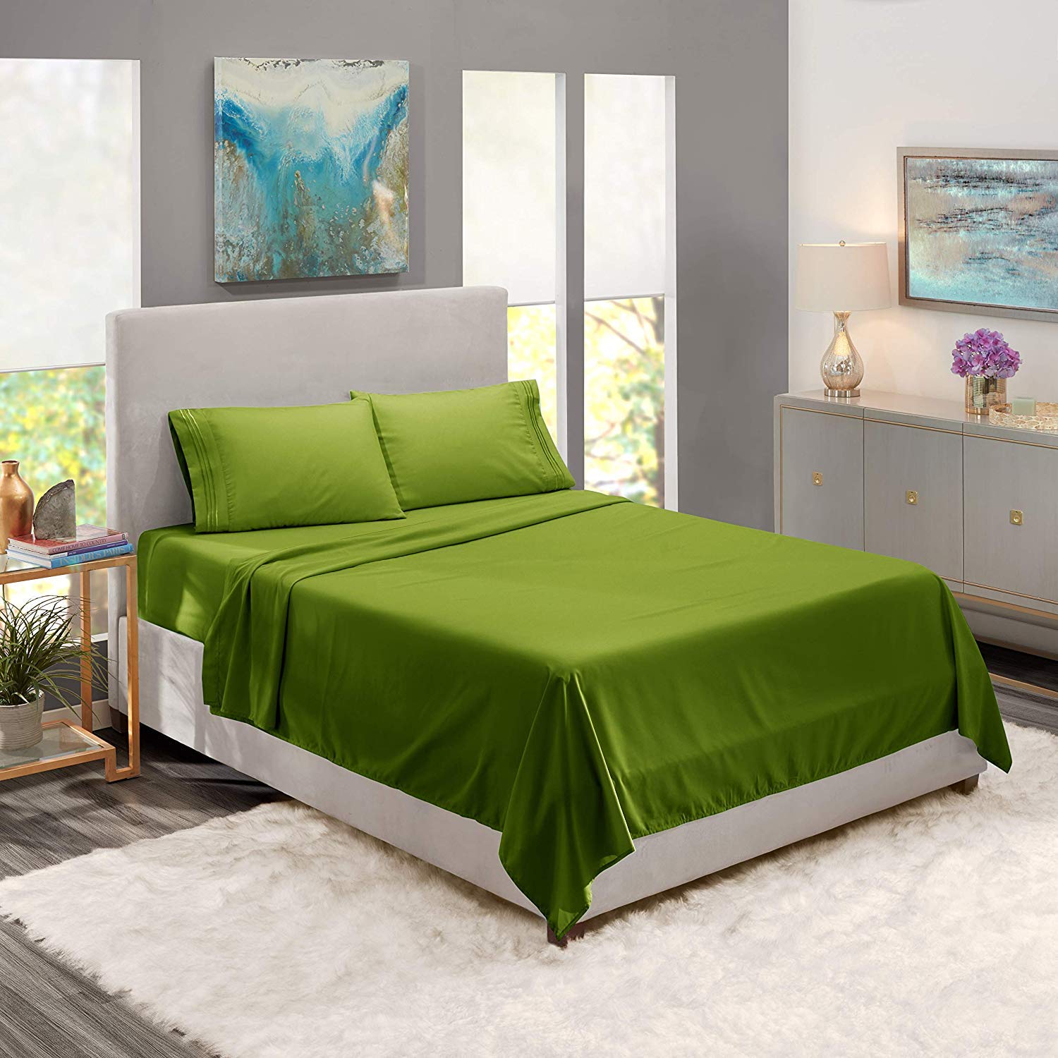 Premium 600 Thread Count 100% Cotton Sheet Set - Soft, Wrinkle-Resistant 4-Piece Bedding Set (Calla Green/Full XL) for Comfortable Sleep & Luxury Bedroom Decor
