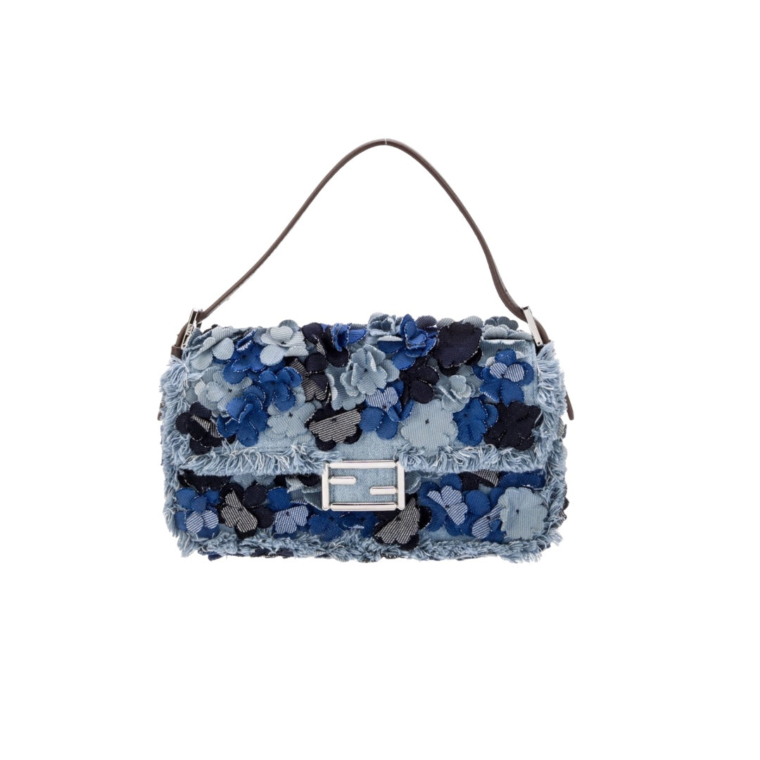 Fendi 3D Floral Embroidered Denim Baguette Bag - Stylish Crossbody Purse for Women, Perfect for Date Night & Special Occasions