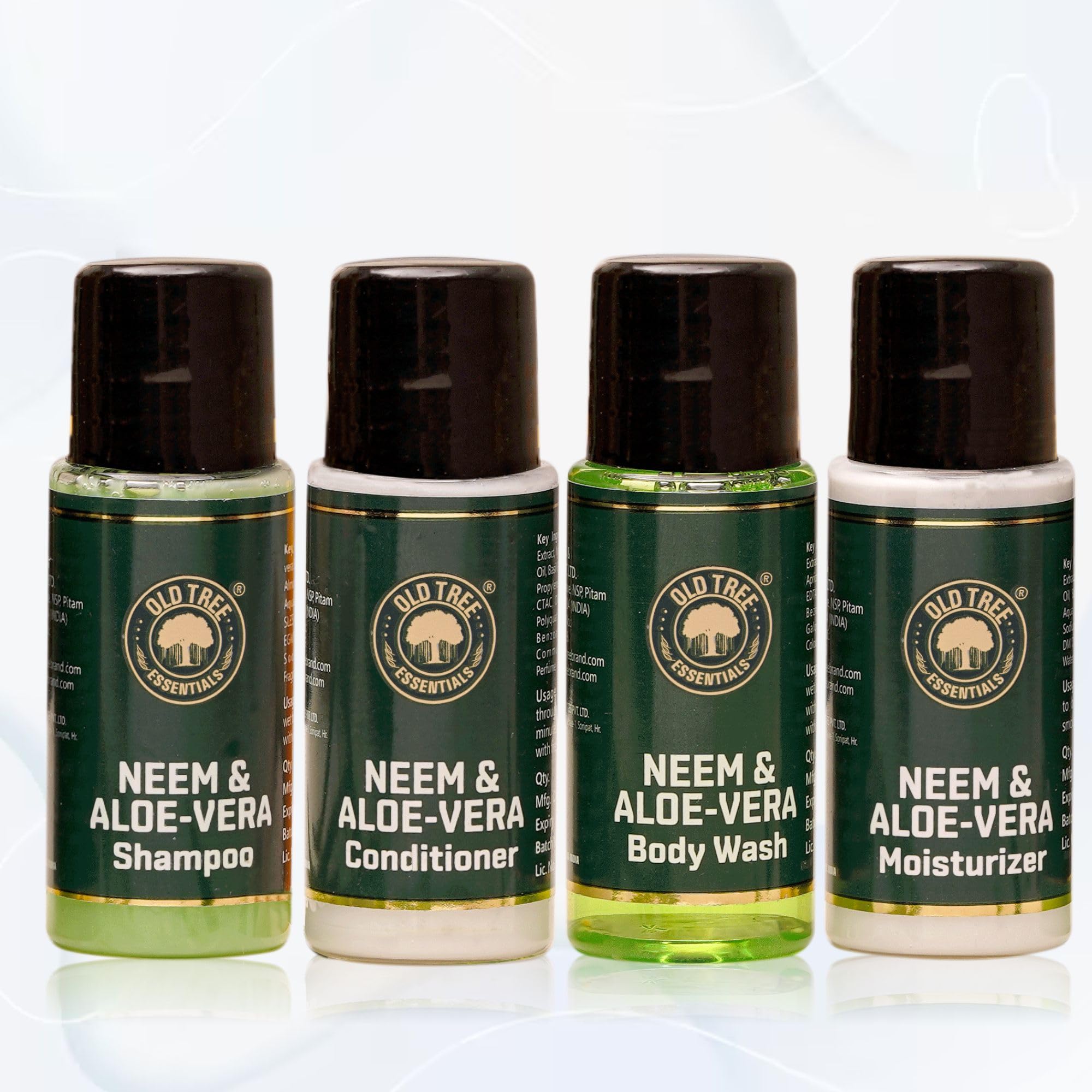 Organic Neem & Aloe Vera Travel Toiletries Set (25-100Pcs) - Shampoo, Conditioner, Body Wash & Lotion for Men & Women | 20ml Travel Size Toiletries Kit for Hotels, Gyms & Air Travel | Natural Hair & Skin Care Essentials