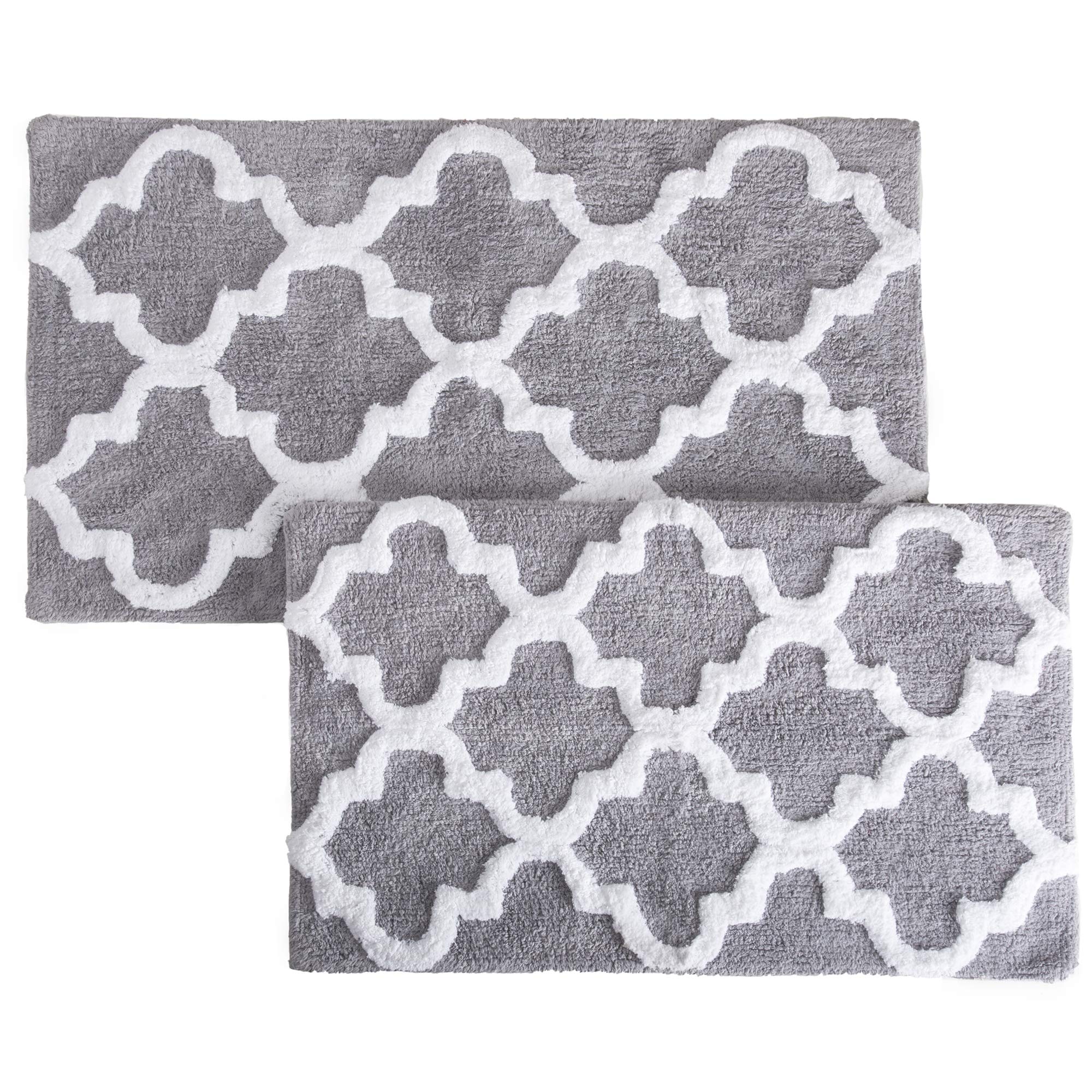 2-Piece Cotton Bathroom Rug Set with Non-Slip Base - Machine Washable Trellis Pattern Bath Mats by Lavish Home (Silver) - Perfect for Bathroom, Shower, and Vanity Areas