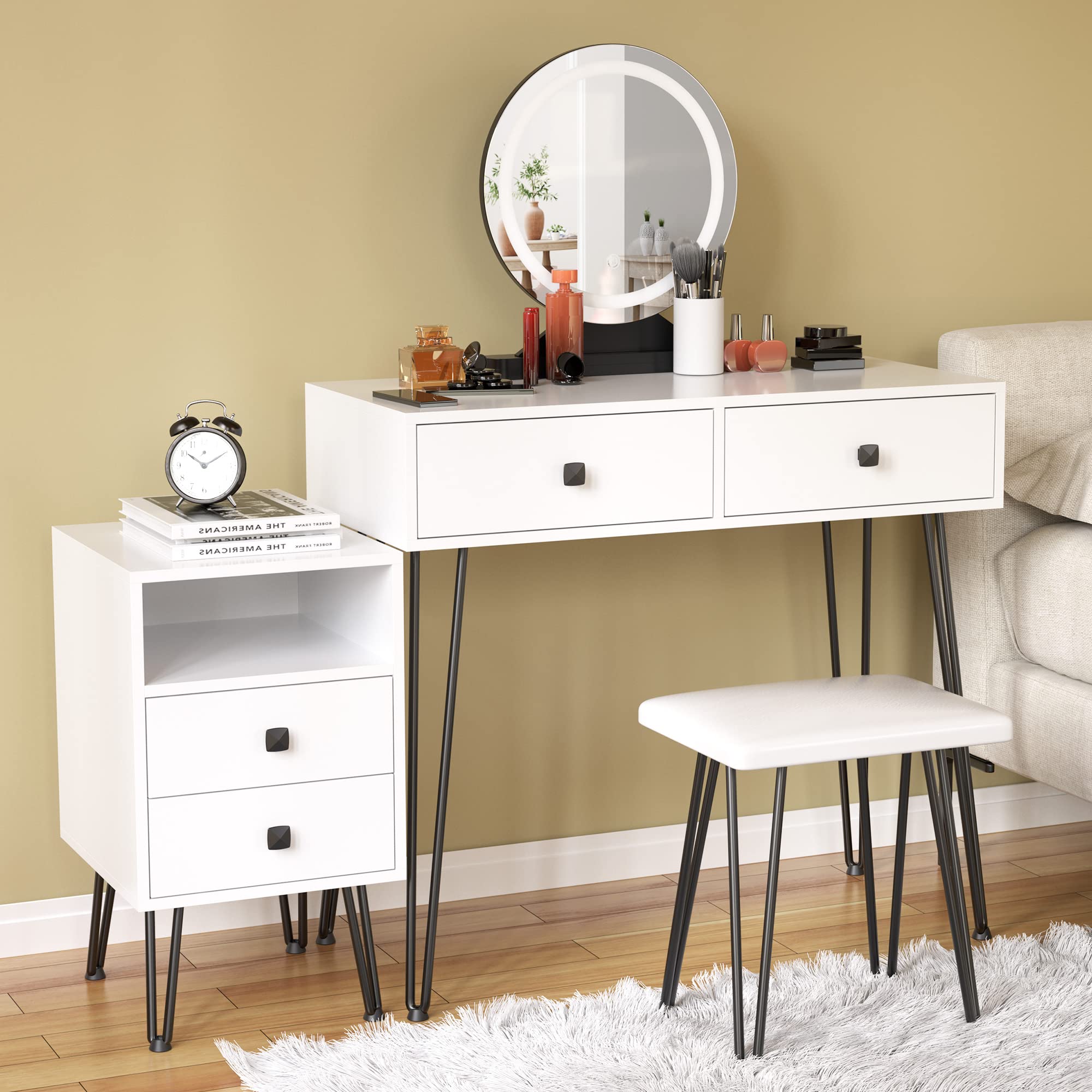Cozy Castle White Vanity Desk with LED Lighted Mirror - Adjustable Makeup Dressing Table with Storage Cabinet & Drawers - Vanity Set with Padded Stool for Bedroom, Boudoir & Beauty Room - Perfect for Makeup Application, Skincare Routine & Home Decor