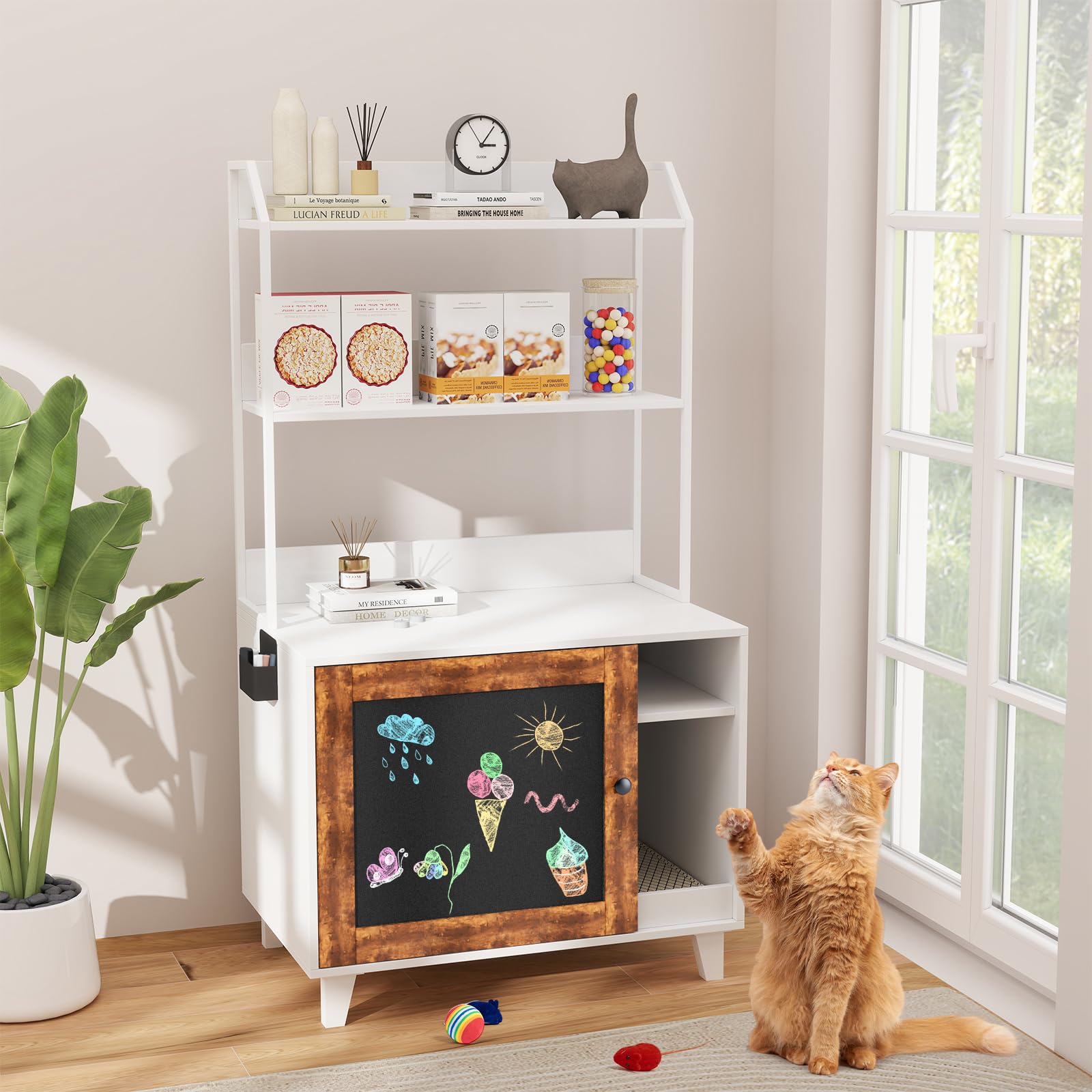 Rovibek Wooden Cat Litter Box Enclosure with Shelves & Scratch Mat - Modern Cat Litter Cabinet with Chalkboard Door - Fits Most Litter Boxes - Perfect for Living Room, Bedroom, or Home Office - White