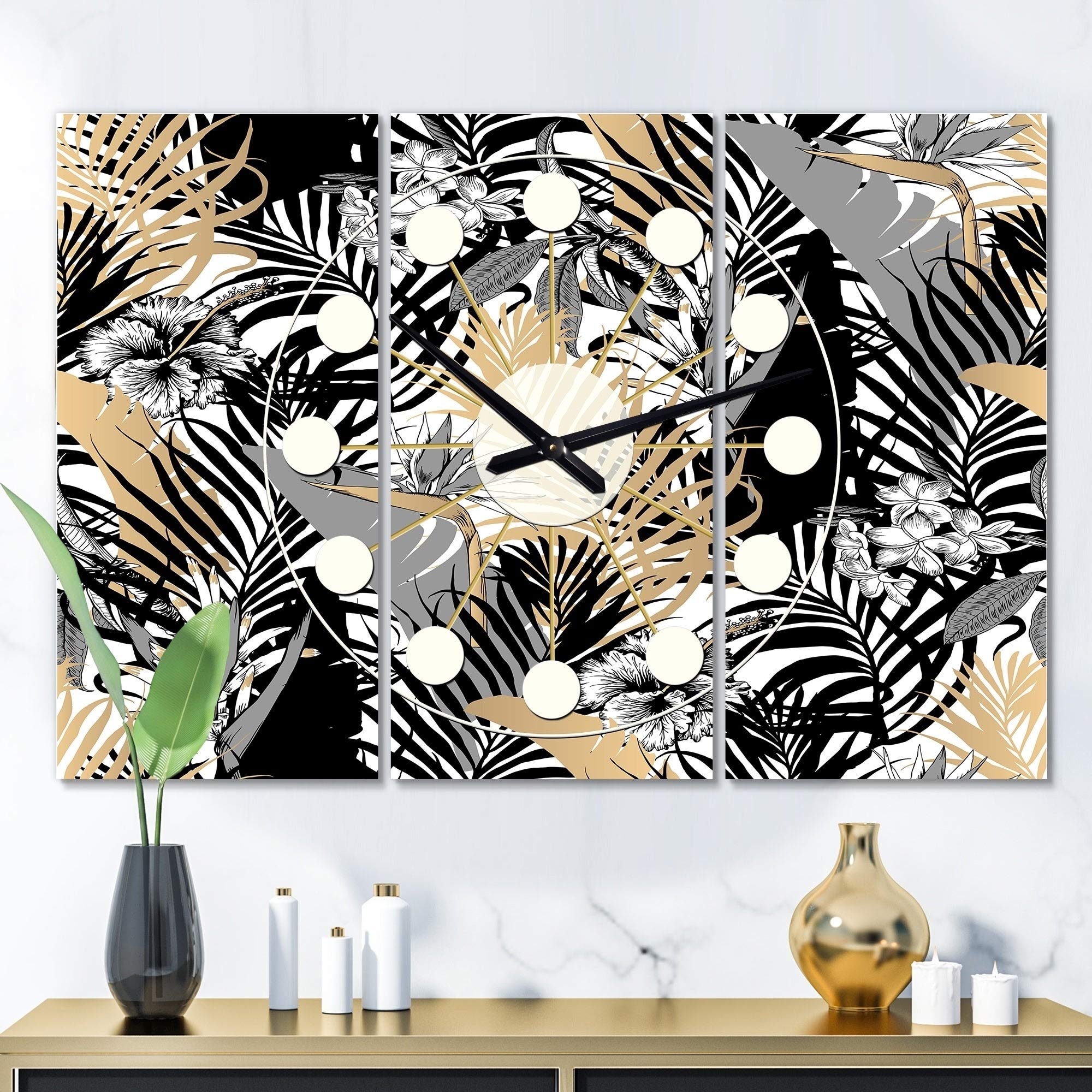 UKN Golden Foliage II Oversized Mid-Century Wall Clock - 3 Panel Modern Rectangular Clock (36