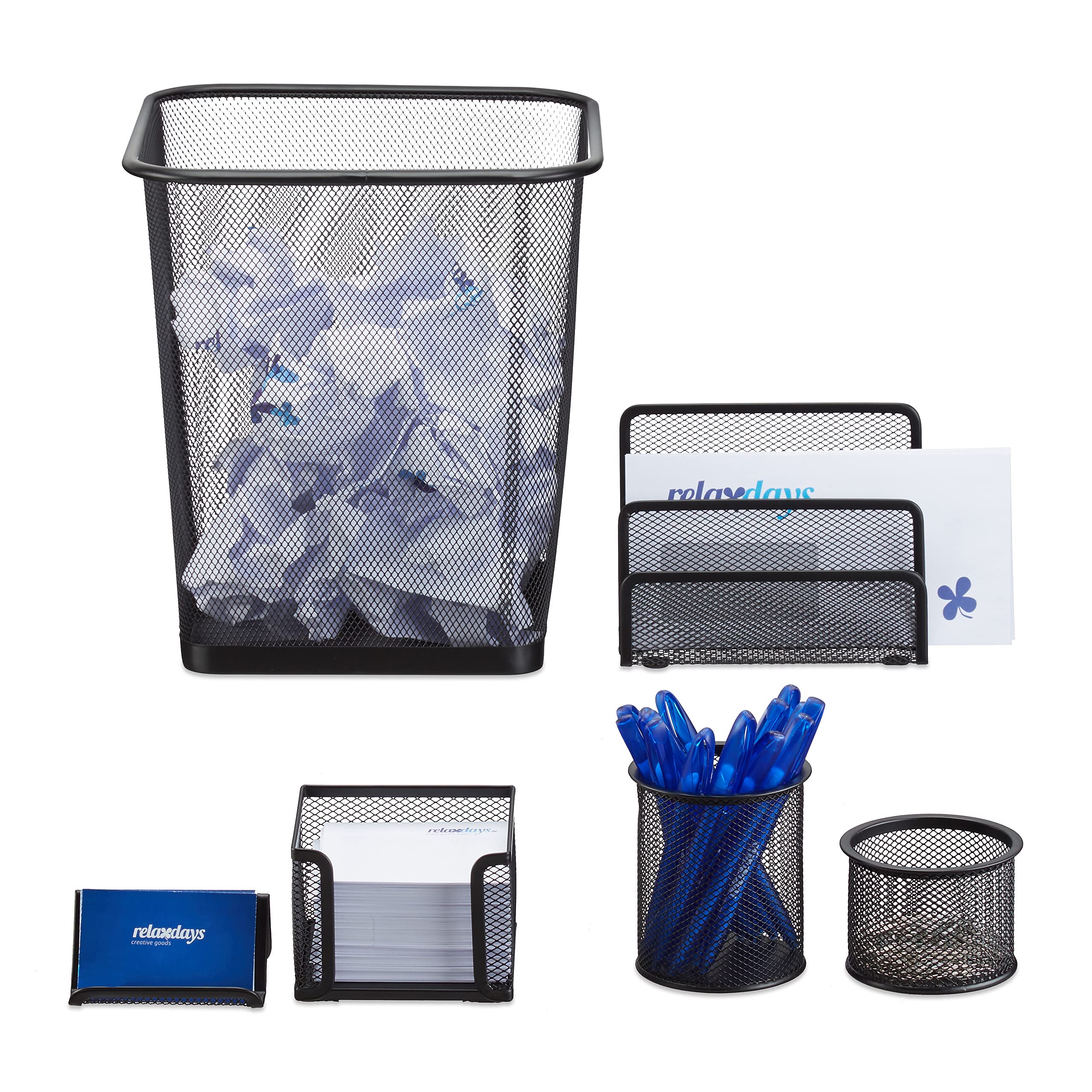 6-Piece Desk Organizer Set - Business Card Holder, Note Box, Letter Tray, Pen Holder & Trash Bin - Office & Home Workspace Organization (Black)