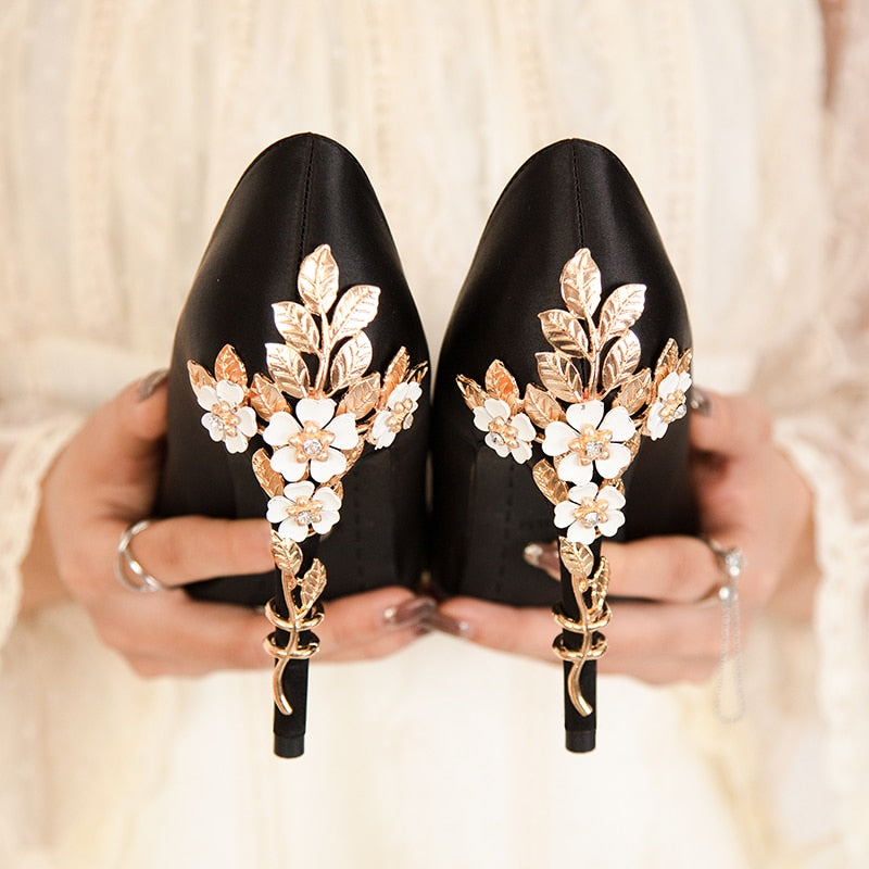 2024 New Women's Designer High Heel Pumps - 10cm Stiletto Metal Flower Satin Wedding Shoes for Women, Plus Size 41 | Perfect for Bridal, Evening Parties & Special Occasions