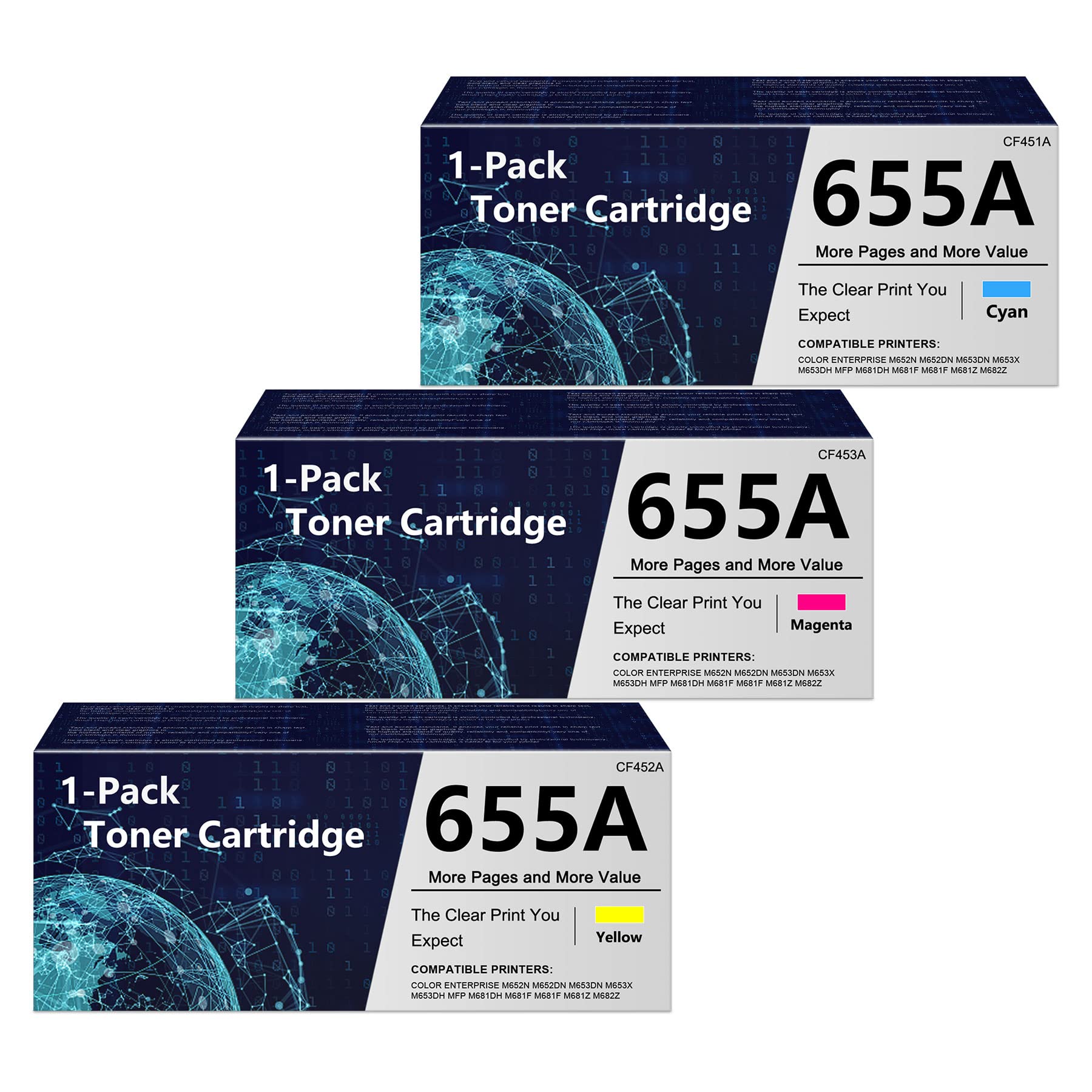 ZEOSEROE 3-Pack 655A 656X Toner Cartridge Replacement for HP Color Enterprise M652n M652dn M653dn M653dh MFP M681f M681z M682z Printer - Compatible with CF451A CF452A CF453A (1 Cyan, 1 Magenta, 1 Yellow) - High-Quality Printing for Office & Business Documents