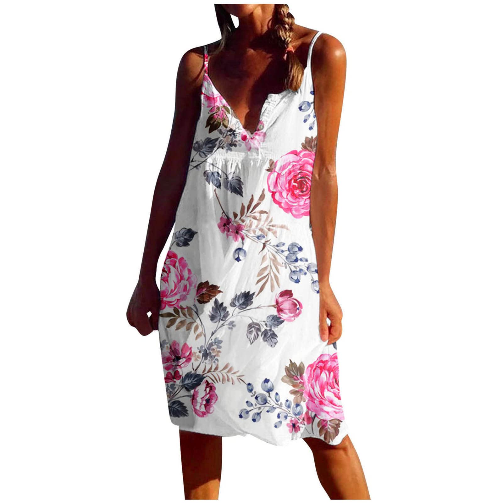 Women's Summer Sundresses 2022 - Sexy V-Neck Sleeveless Beach Dresses with Strapless Backless Design, Printed Knee-Length Casual Dress for Vacation, Pool Party & Outdoor Activities